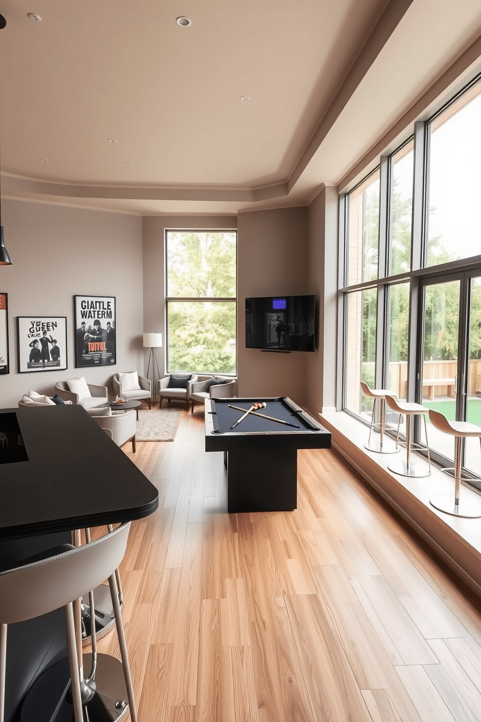 A stylish game room featuring light wood flooring that adds warmth to the space. The room includes a contemporary pool table, surrounded by comfortable seating in muted tones, and large windows that allow natural light to flood in. The walls are adorned with framed artwork related to gaming, creating an inviting atmosphere. A sleek bar area with modern stools complements the overall design, making it perfect for entertaining guests.