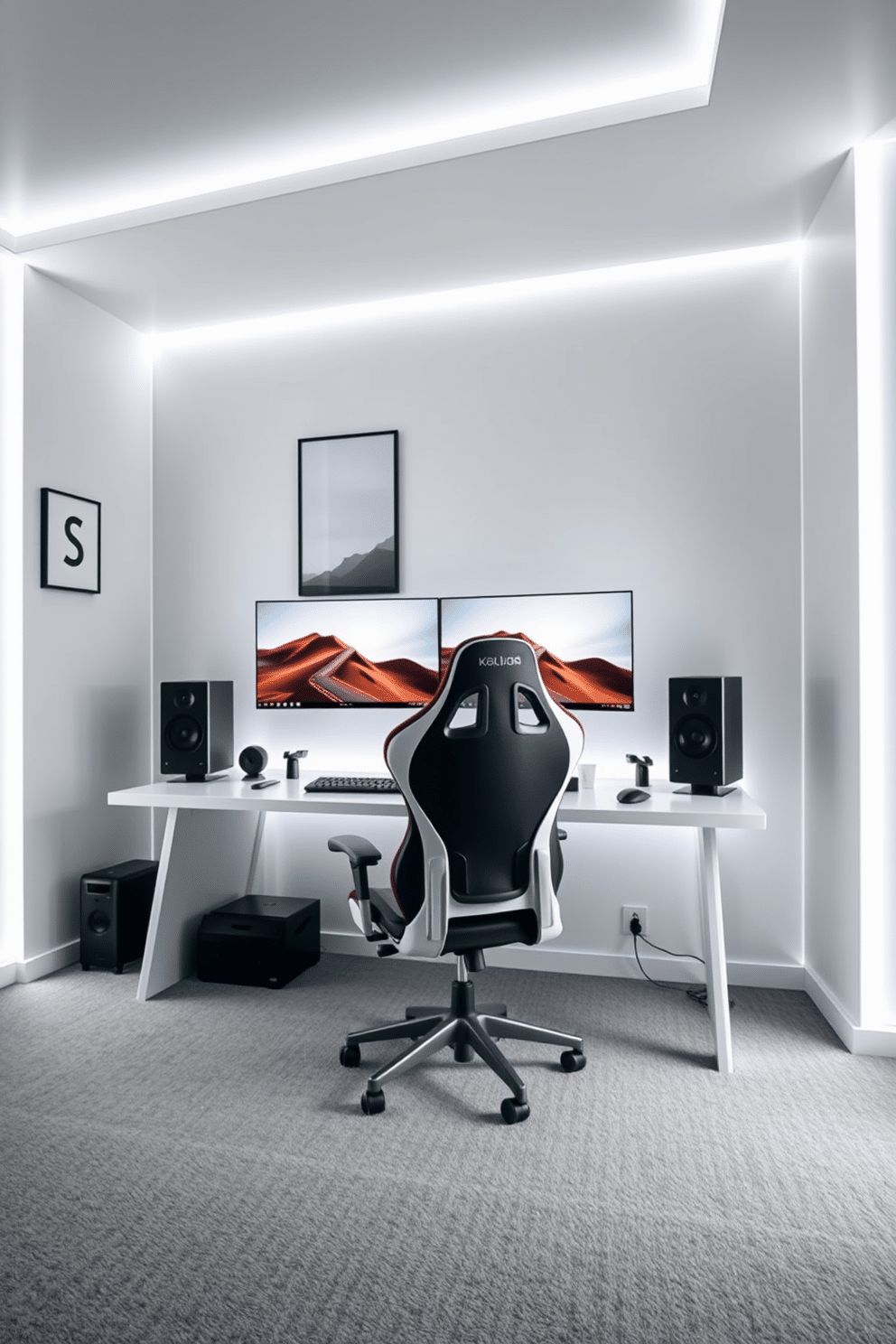 A modern gaming setup featuring dual monitors on a sleek white desk. The room is illuminated by LED strip lights, and the walls are adorned with minimalist art prints. The flooring is a soft gray carpet, providing comfort during long gaming sessions. A stylish gaming chair with ergonomic support sits in front of the desk, completing the aesthetic of the space.