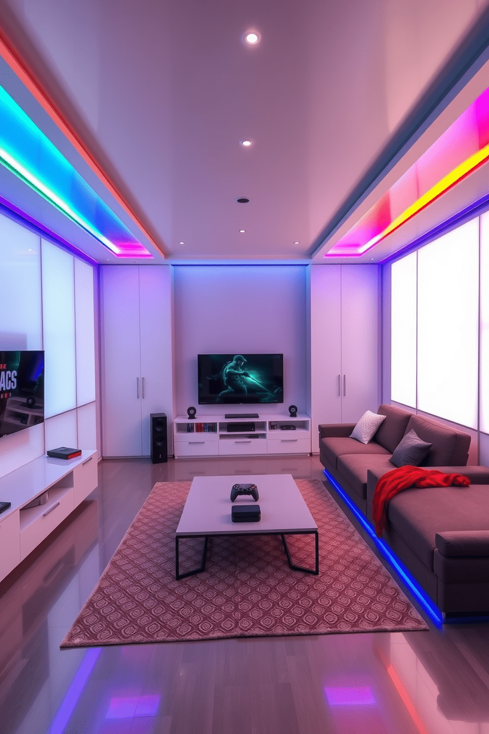 A modern game room featuring customizable LED light panels that illuminate the space with vibrant colors. The walls are adorned with sleek, white paneling, creating a clean and contemporary aesthetic. In the center of the room, a large sectional sofa invites relaxation, complemented by a stylish coffee table. A state-of-the-art gaming console sits on a minimalist media unit, surrounded by shelves displaying games and collectibles.