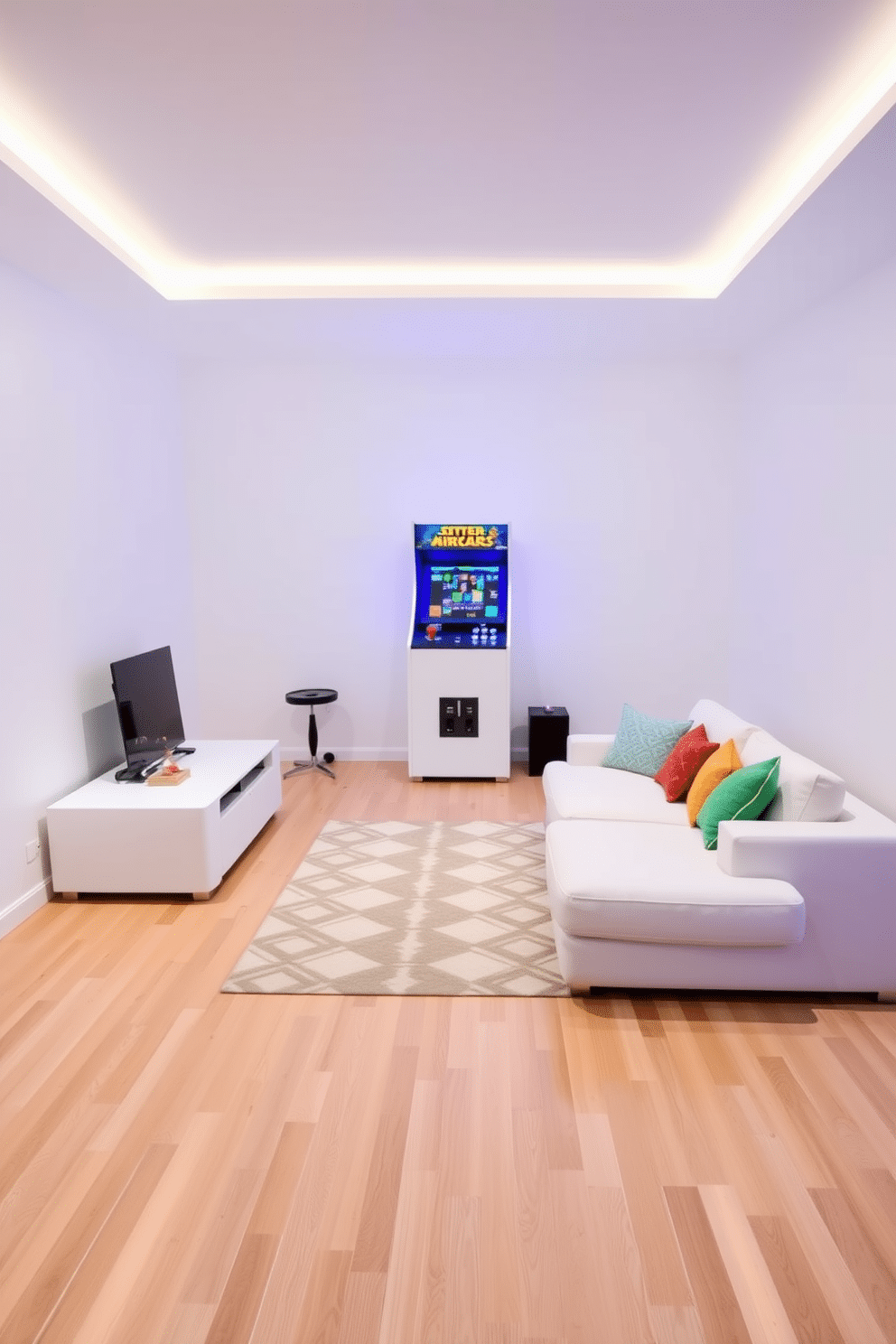 A vintage arcade machine stands proudly against a backdrop of sleek white walls, serving as a nostalgic centerpiece in this modern game room. The space features minimalist white furniture, with a plush sectional sofa adorned with colorful throw pillows, inviting friends and family to enjoy gaming nights together. The flooring is a polished light wood that complements the bright aesthetic, while a geometric rug adds a touch of warmth and texture. Ambient LED lighting highlights the arcade machine, creating a playful atmosphere that celebrates retro gaming culture.