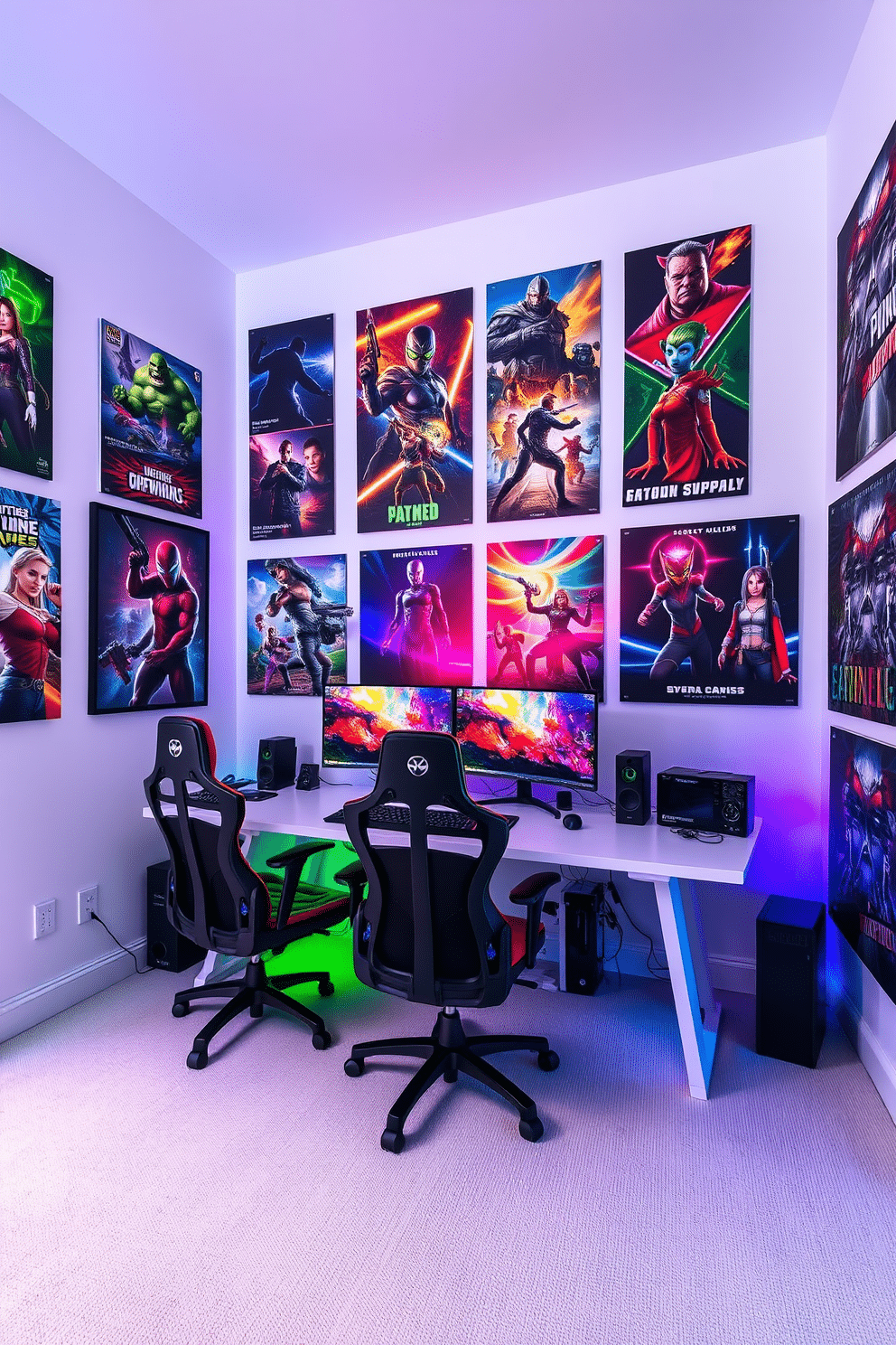 A vibrant game room featuring white walls adorned with an array of colorful gaming posters, showcasing iconic characters and scenes from popular video games. The space includes a sleek gaming desk with dual monitors, a comfortable gaming chair, and ambient LED lighting that enhances the energetic atmosphere.