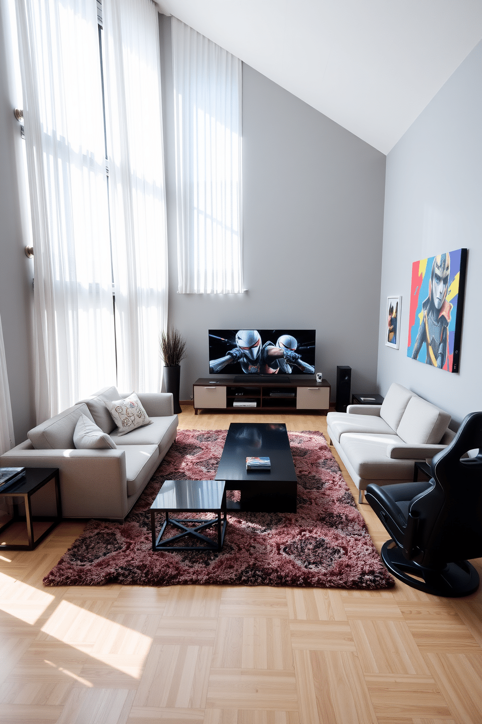 A bright and airy game room featuring large windows adorned with white curtains that gently diffuse natural light throughout the space. The room is furnished with a plush sectional sofa in a neutral tone, a sleek coffee table, and an array of modern gaming consoles neatly arranged on a stylish media unit. The walls are painted in a soft gray, complemented by vibrant artwork that adds a pop of color. A plush area rug anchors the seating area, while a dedicated gaming zone includes a large screen and comfortable gaming chairs, creating an inviting atmosphere for relaxation and entertainment.