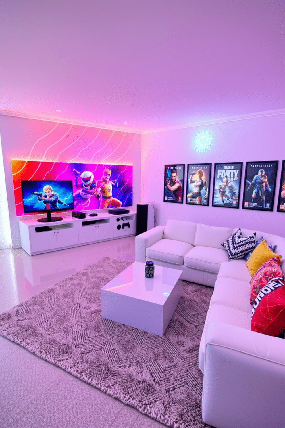 Interactive wall art featuring dynamic LED displays that change with gameplay, creating an immersive atmosphere. The room is designed with sleek, modern furniture and a gaming console setup that complements the vibrant artwork. White game room featuring a large sectional sofa adorned with colorful throw pillows, providing ample seating for friends. The walls are accented with framed posters of popular games, while a minimalist white coffee table sits at the center, enhancing the room's contemporary vibe.