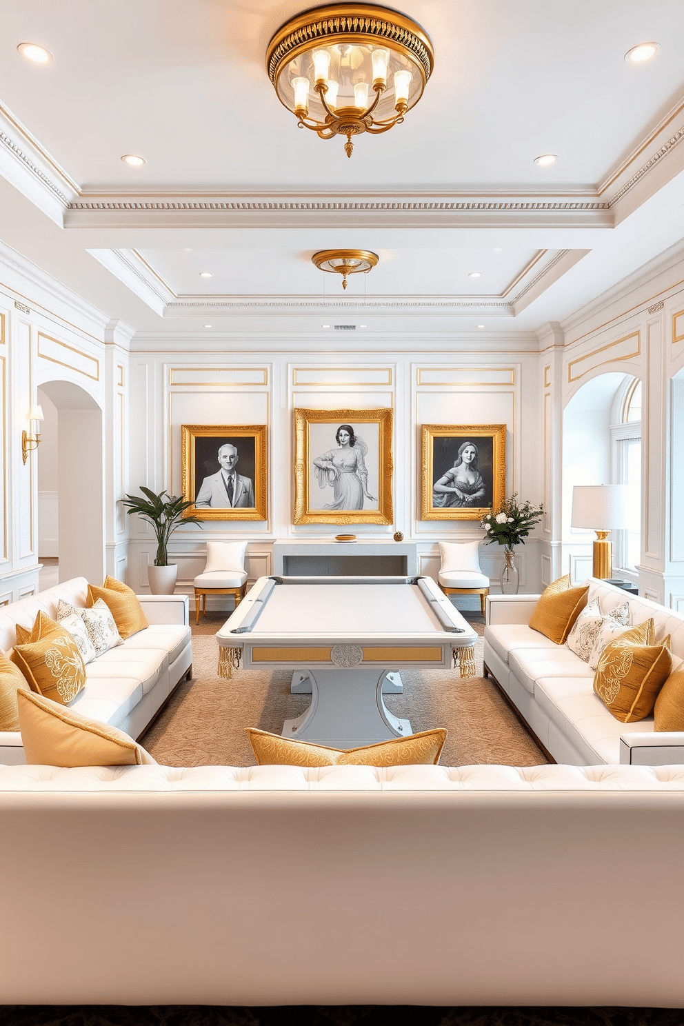 A stylish game room featuring a white and gold color scheme that exudes elegance. The walls are painted in a soft white, with gold accents adorning the trim and light fixtures. The centerpiece is a plush white sectional sofa adorned with gold and cream throw pillows. A sleek, white pool table with gold detailing sits in the center, surrounded by chic, gold-framed artwork on the walls.