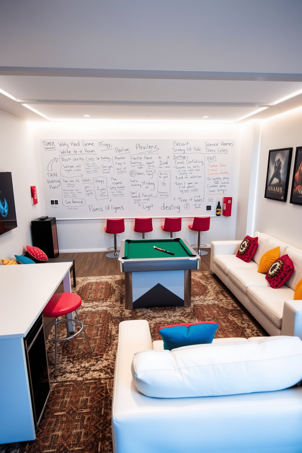 A modern game room featuring a whiteboard wall for strategy notes, creating an interactive space for brainstorming and planning. The room is designed with sleek white furniture, a large sectional sofa, and vibrant accent pillows that add a pop of color. Incorporate a pool table in the center, surrounded by stylish bar stools and a mini-fridge for refreshments. The walls are adorned with framed gaming posters, and soft LED lighting enhances the ambiance, making it perfect for both casual play and serious strategy sessions.