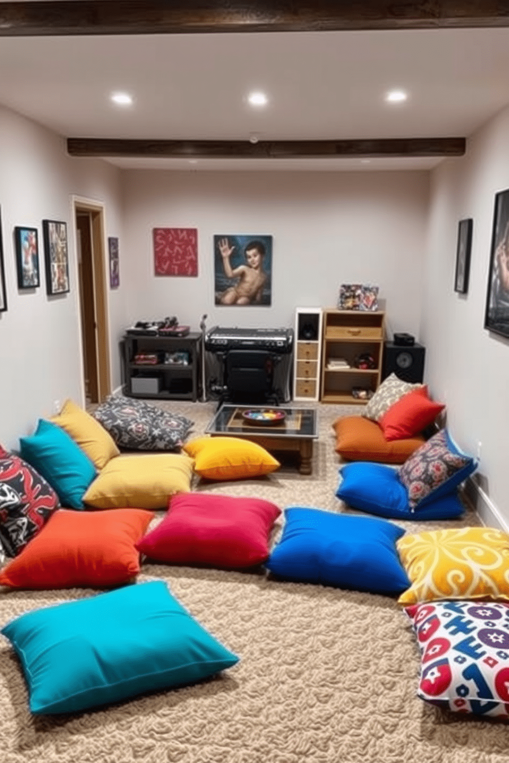 A cozy game room featuring floor cushions in various vibrant colors, providing additional seating options around a low coffee table. The walls are adorned with playful artwork, and the flooring is a soft, plush carpet that invites relaxation and fun. Incorporate a mix of textures with oversized floor cushions in bold patterns, creating an inviting atmosphere for game nights. The room is illuminated by soft, ambient lighting, enhancing the playful vibe while ensuring comfort during extended play sessions.