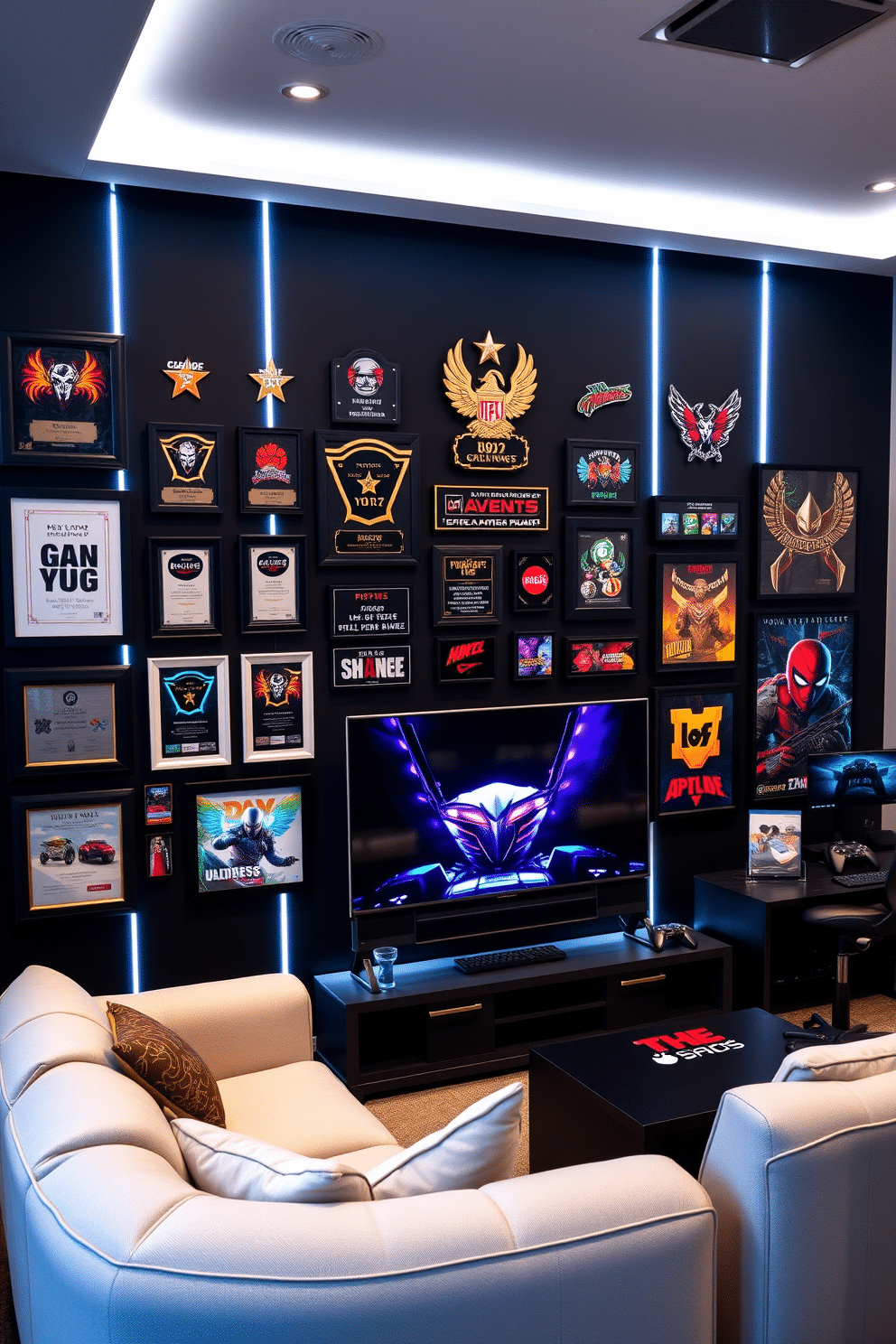 A dynamic wall of fame showcasing gaming achievements, featuring framed awards, high-score plaques, and a collection of gaming memorabilia. The backdrop is a sleek black wall adorned with LED strip lighting that highlights each piece, creating an immersive atmosphere. A modern game room designed for comfort and style, with plush seating arranged around a large flat-screen TV. The color palette includes shades of white and gray, complemented by vibrant gaming-themed artwork and a stylish gaming console setup.