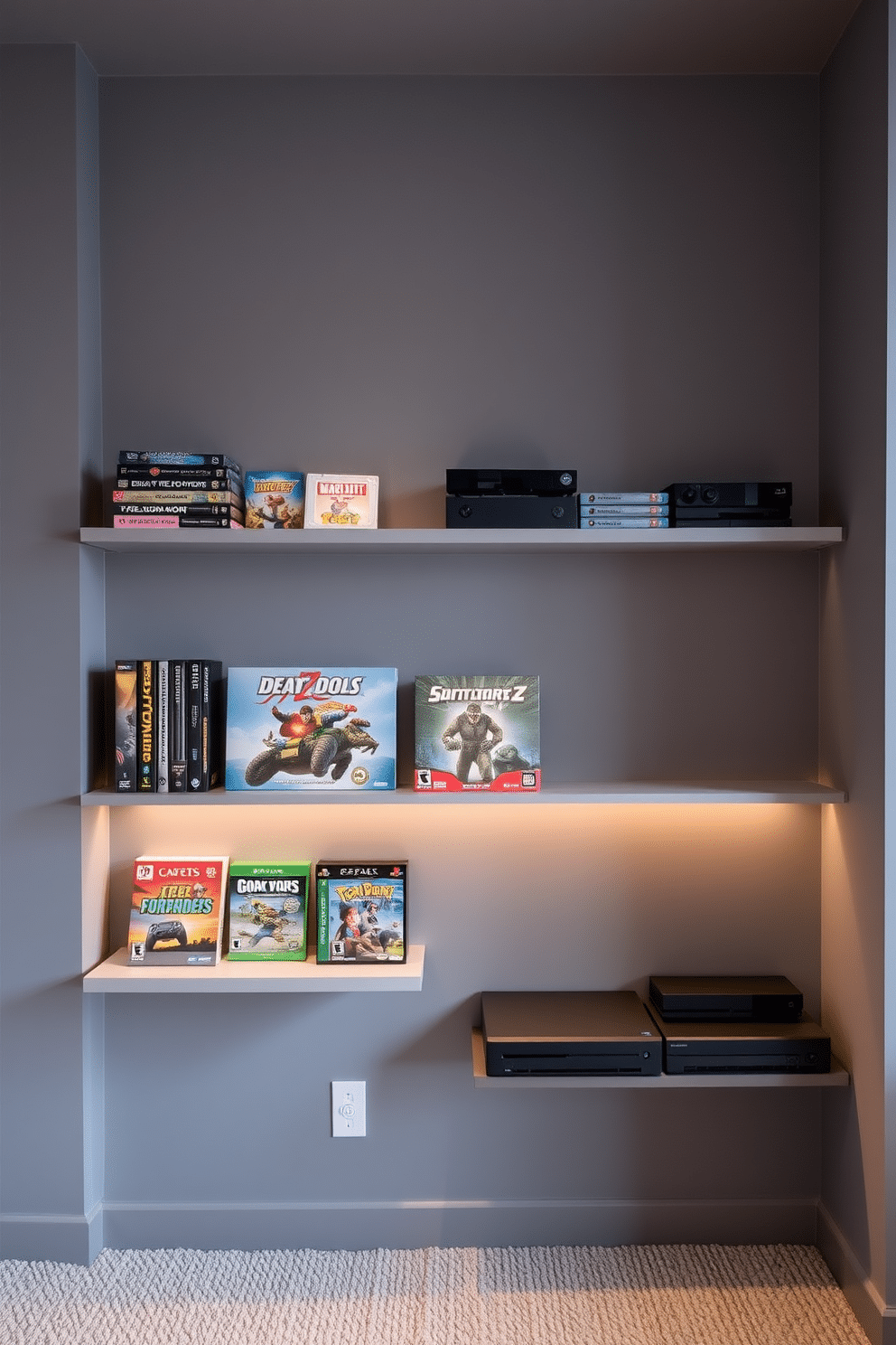 A modern game room featuring sleek floating shelves designed for game storage. The walls are painted in a soft gray, and the shelves are adorned with neatly organized board games and video game consoles, complemented by ambient LED lighting.