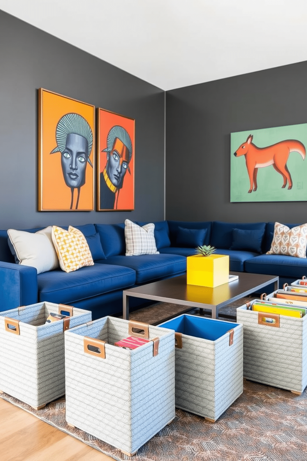 Stylish storage bins for game accessories. The bins are made of woven fabric in a light gray tone, featuring leather handles for easy transport. The game room is designed with a modern aesthetic, showcasing sleek furniture and vibrant wall art. A large sectional sofa in deep blue complements the playful atmosphere, while a minimalist coffee table sits in the center, surrounded by colorful storage bins.