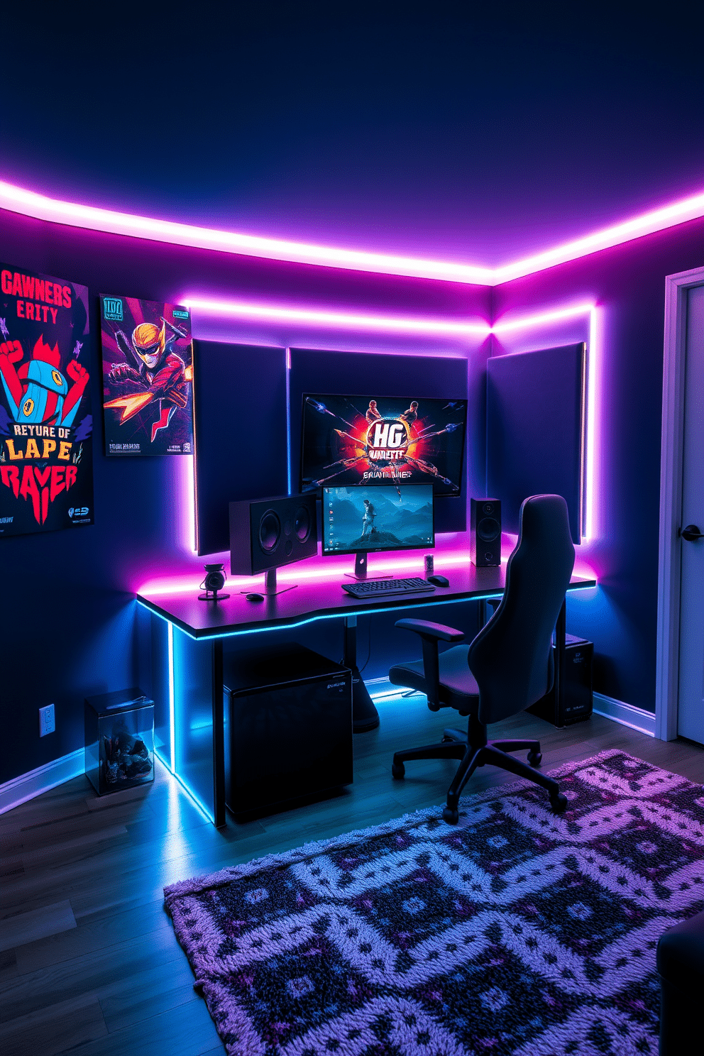 A modern game room featuring a sleek gaming desk illuminated by LED strip lights underneath. The walls are painted in a deep navy blue, complemented by vibrant gaming posters and a plush area rug in a geometric pattern. The space includes a comfortable gaming chair and a large screen mounted on the wall, surrounded by sound-absorbing panels. A mini fridge is tucked into the corner, and colorful LED lights create an immersive atmosphere for gaming sessions.