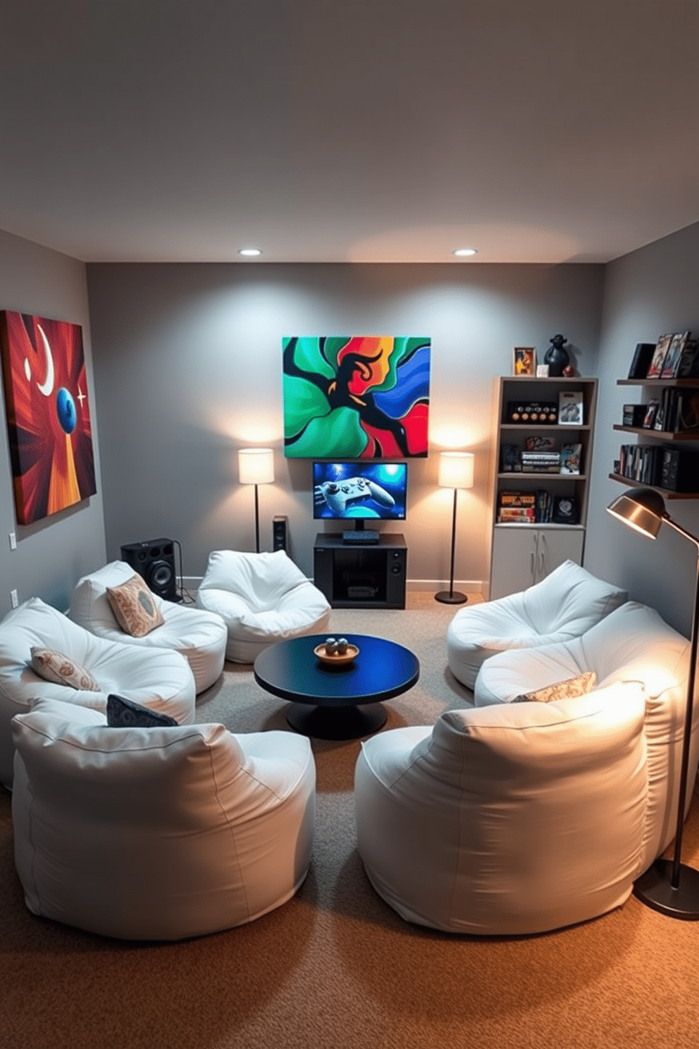 A cozy game room featuring white bean bags arranged in a semi-circle around a low, modern coffee table. The walls are painted in a soft gray, and vibrant artwork adds a splash of color to the space, creating an inviting atmosphere for relaxation and entertainment. Incorporate a sleek gaming console setup against one wall, with shelves displaying an array of board games and gaming accessories. Ambient lighting from stylish floor lamps enhances the casual vibe, making it the perfect spot for friends and family to gather.