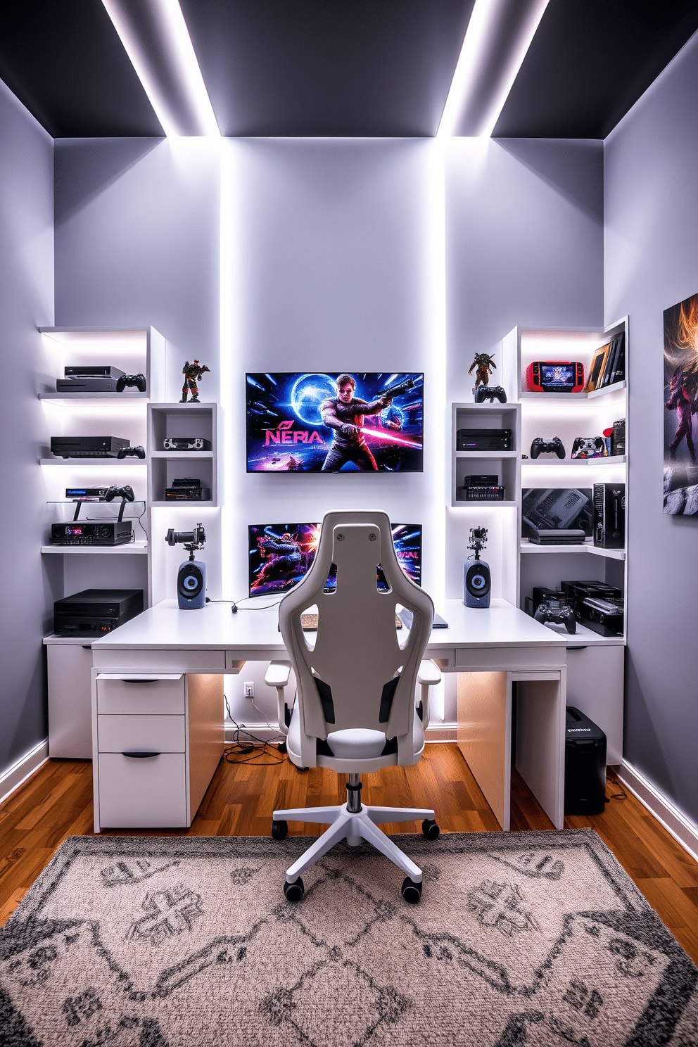 A modern gaming desk with a sleek white finish sits at the center of the room, complemented by an ergonomic gaming chair in a matching color. The walls are adorned with LED strip lighting that creates an immersive atmosphere, while a large wall-mounted screen displays vibrant game visuals. Surrounding the desk, custom shelving units house an array of gaming consoles and collectibles, adding personality to the space. A plush area rug in a geometric pattern anchors the room, providing comfort and style underfoot.