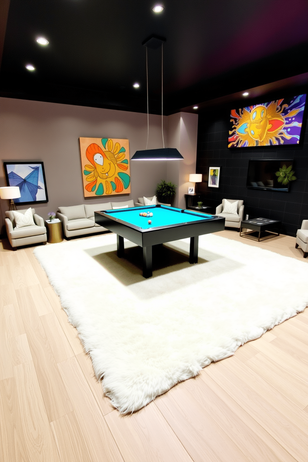 A stylish game room featuring a plush white rug that adds warmth and softness to the space. The room is designed with a sleek pool table in the center, surrounded by comfortable seating and vibrant wall art that reflects a playful atmosphere.