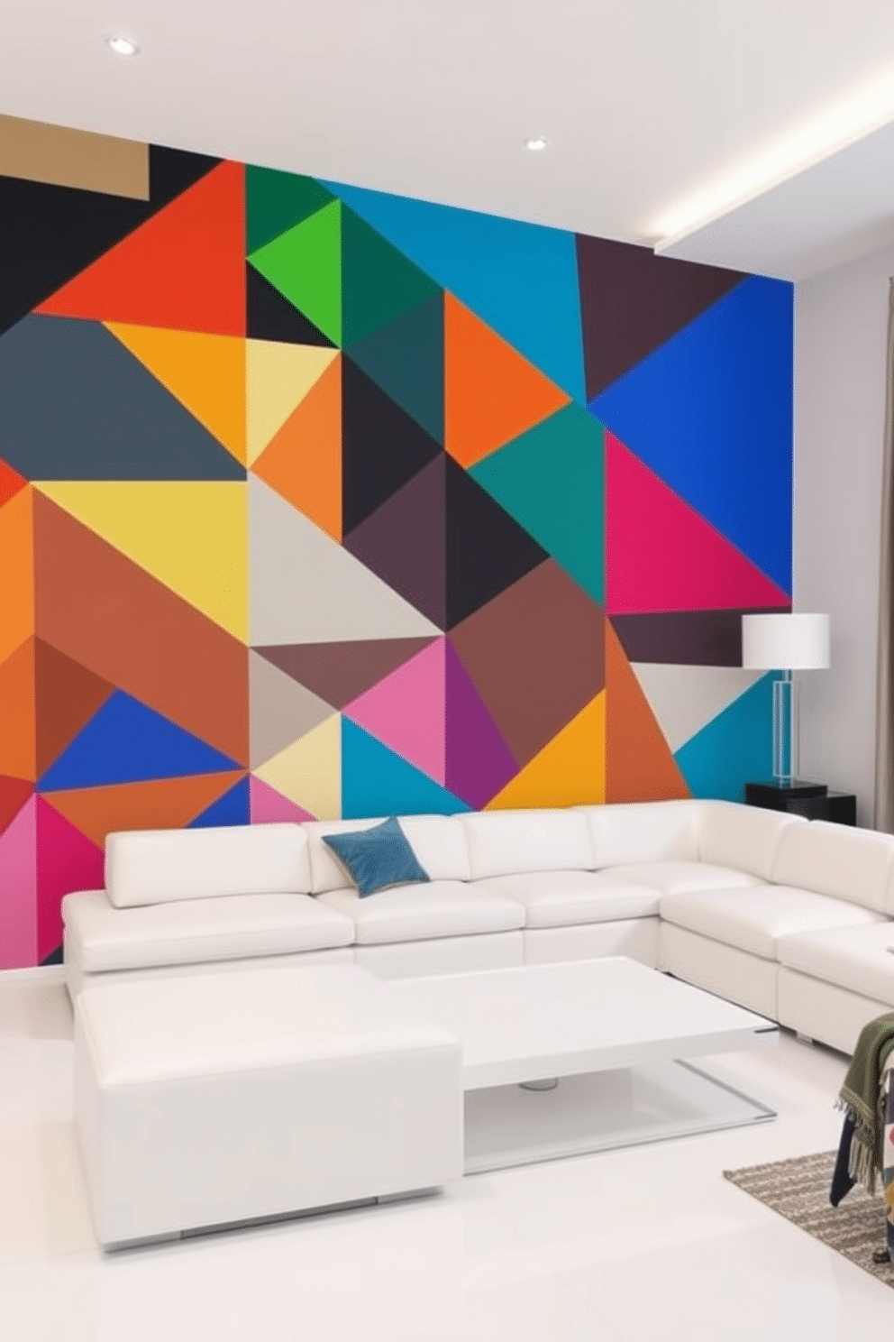 Accent wall with geometric patterns. The wall features a bold mix of colors, creating a striking visual effect that serves as a focal point in the room. White game room design ideas. The space is filled with sleek, modern furniture, including a large sectional sofa and a minimalist coffee table, all set against the backdrop of the vibrant accent wall.