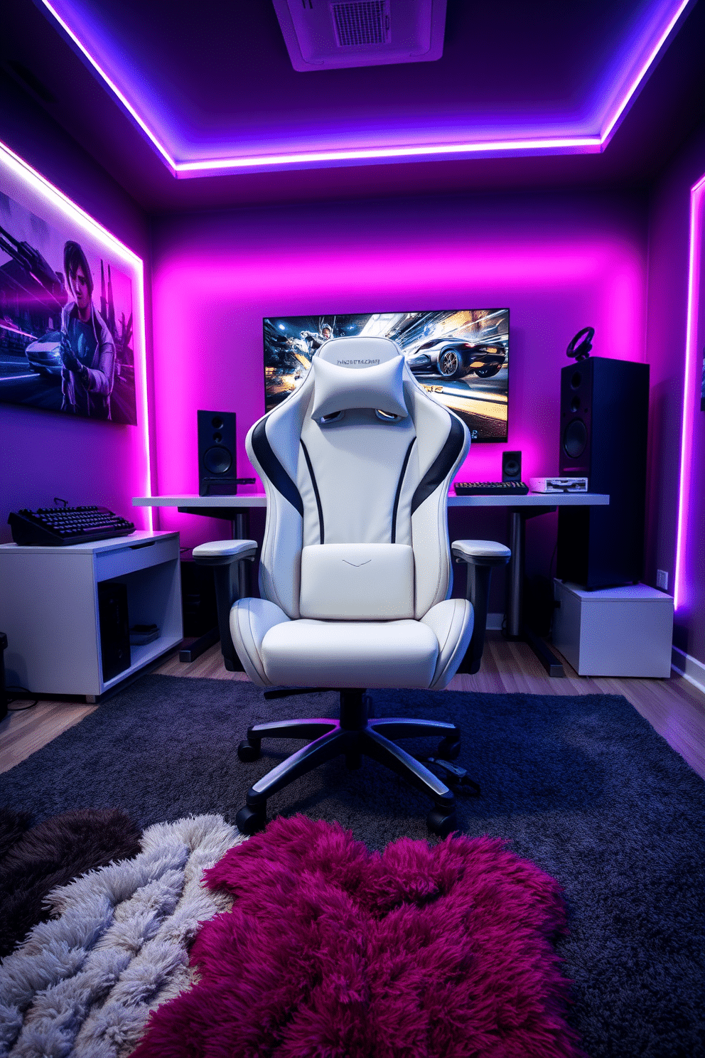 A sleek white gaming chair with an ergonomic design sits prominently in the center of a modern game room. The walls are adorned with vibrant LED lighting, creating an immersive atmosphere, while a large screen displays the latest gaming graphics. Surrounding the chair, a stylish gaming desk features a minimalist aesthetic, complemented by a high-quality mouse pad and a mechanical keyboard. Plush rugs in contrasting colors add comfort underfoot, enhancing the inviting feel of the space.