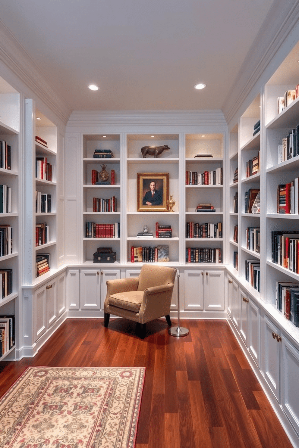 An elegant home library featuring built-in white bookshelves that reach from floor to ceiling, showcasing a curated collection of books and decorative items. Soft, ambient lighting highlights the shelves, while a cozy reading nook with a plush armchair and a small side table invites relaxation. The walls are painted in a soft, neutral tone, complementing the crisp white of the bookshelves. A rich, dark hardwood floor adds warmth to the space, and a large area rug defines the reading area, enhancing the library's inviting atmosphere.