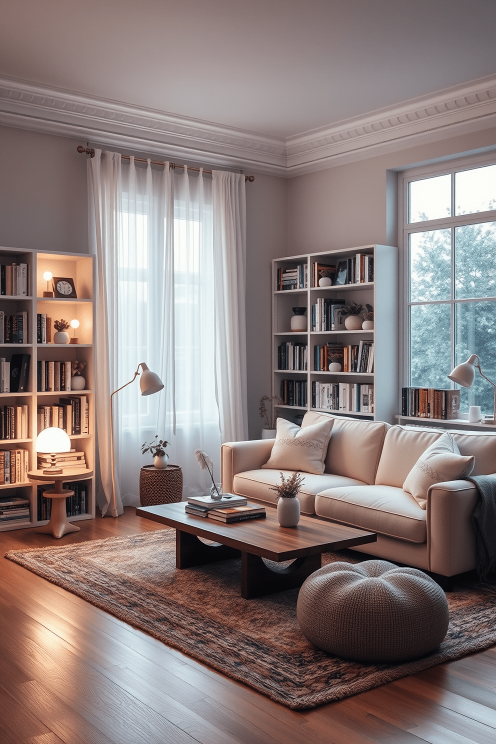 A serene home library setting bathed in ambient lighting. The room features white lamps with soft, warm bulbs illuminating the shelves filled with books and decorative items. A plush white sofa is positioned near a large window, adorned with sheer curtains that allow natural light to filter in. A minimalist wooden coffee table sits in front of the sofa, complemented by a cozy area rug that adds texture to the space.