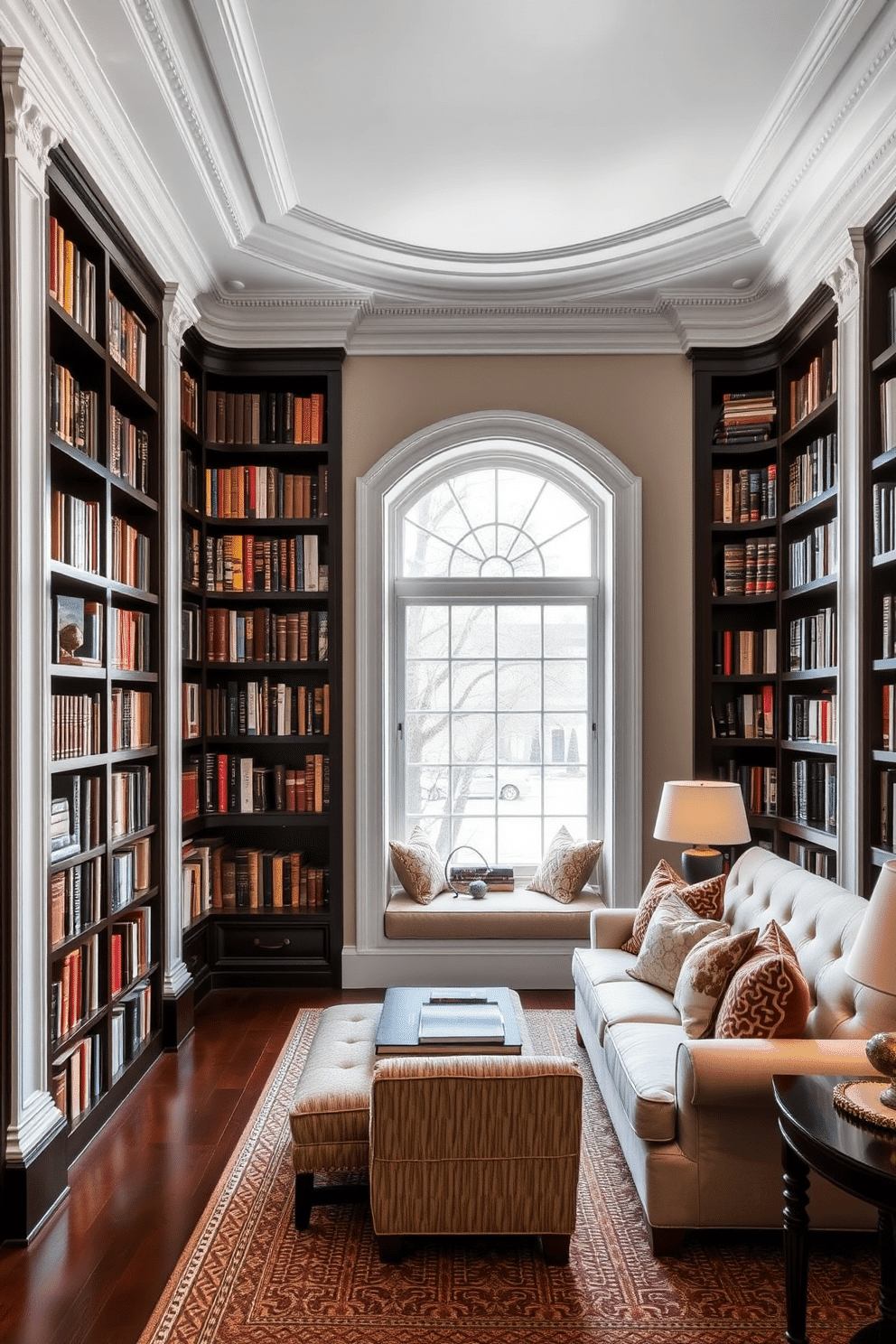 A luxurious home library with white crown molding that adds an elegant touch to the space. The room features dark wooden bookshelves filled with an extensive collection of books, complemented by a plush, cream-colored sofa and a stylish reading nook by the window.