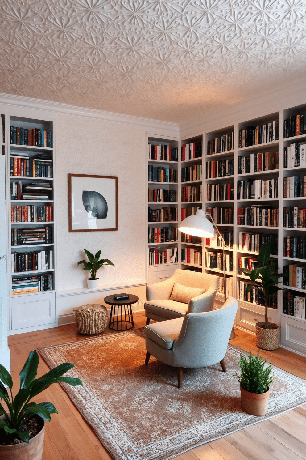 A cozy home library with textured white wall paint that adds depth and character to the space. The room features floor-to-ceiling bookshelves filled with an array of books, accented by a plush reading chair and a small side table. Soft, ambient lighting creates a warm atmosphere, with a stylish floor lamp illuminating the reading area. A decorative rug in neutral tones anchors the space, while a few potted plants bring a touch of nature indoors.