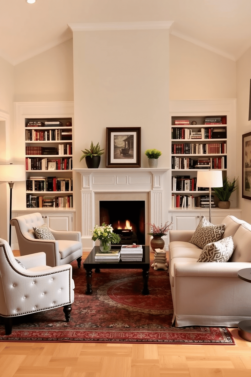 A cozy home library features a white fireplace as the focal point, surrounded by built-in bookshelves filled with an array of books. Plush seating, such as a tufted armchair and a soft loveseat, is arranged in a conversational layout, complemented by warm lighting from stylish floor lamps. The walls are painted in a soft cream color, enhancing the brightness of the space, while a richly textured area rug adds warmth underfoot. Decorative accents, including framed artwork and potted plants, bring personality to the room, creating an inviting atmosphere for reading and relaxation.