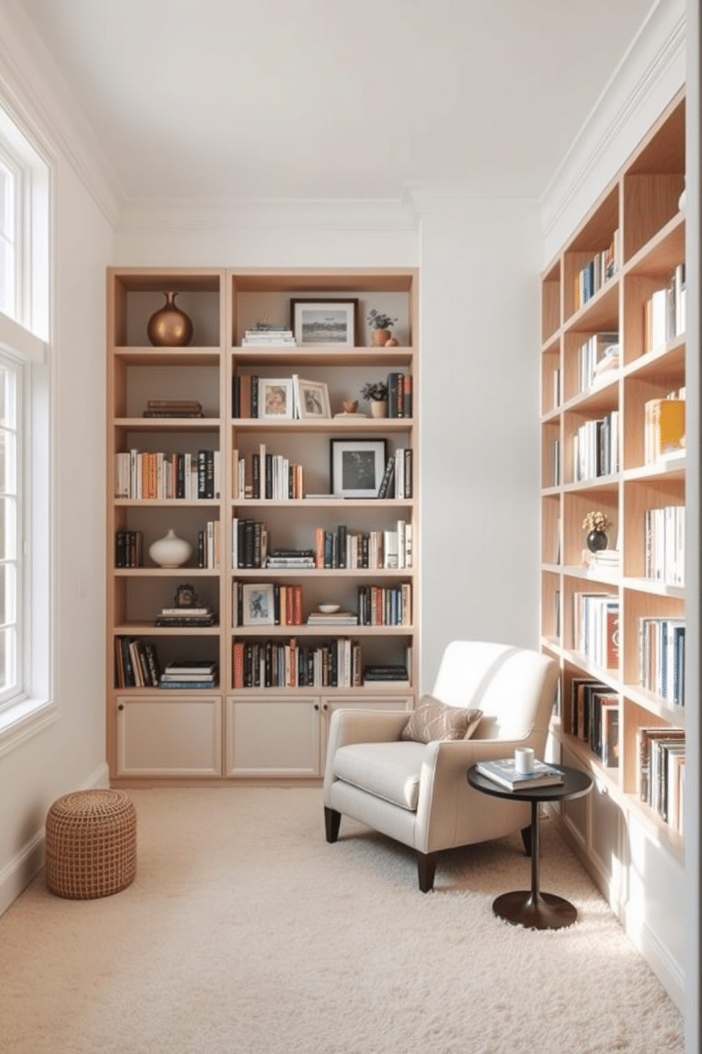 A bright and airy home library features open shelving that showcases a curated collection of books and decorative items. The shelves are crafted from light wood, providing an inviting contrast to the soft white walls and plush, cream-colored carpet. A cozy reading nook is nestled in one corner, complete with a comfortable armchair and a small side table for drinks. Large windows allow natural light to flood the space, enhancing the serene atmosphere perfect for quiet reading sessions.