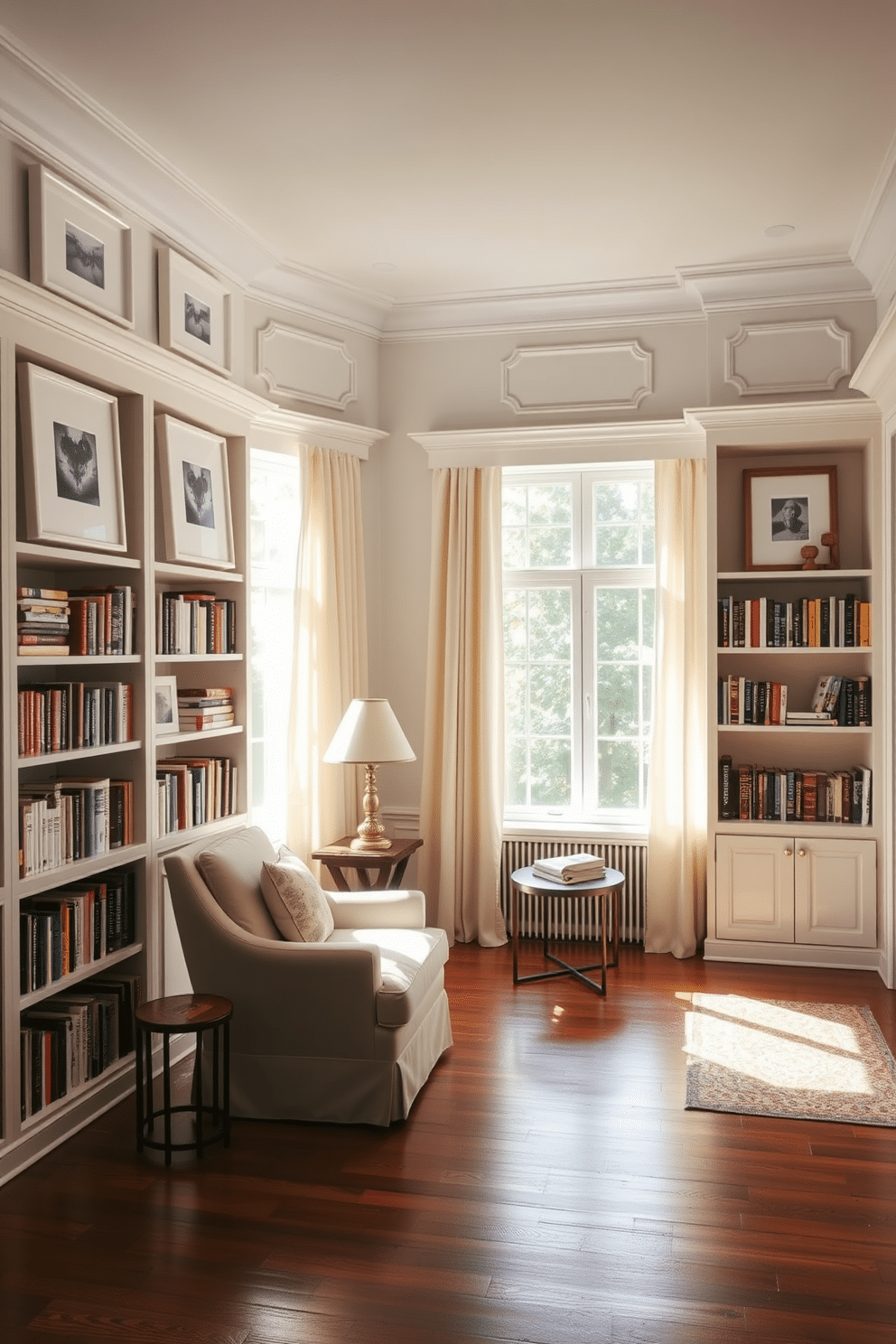 A serene home library with white framed artwork adorning the walls. The shelves are filled with books, and a cozy reading nook features a plush armchair and a small side table. The room is bathed in natural light from large windows, with soft curtains that gently filter the sunlight. A rich wooden floor contrasts beautifully with the white built-in bookshelves, creating a warm and inviting atmosphere.