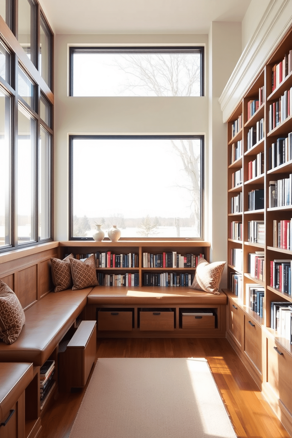 A serene home library features integrated bench seating with ample storage beneath. The walls are lined with floor-to-ceiling bookshelves filled with an array of books, while large windows allow natural light to flood the space, creating a warm and inviting atmosphere.