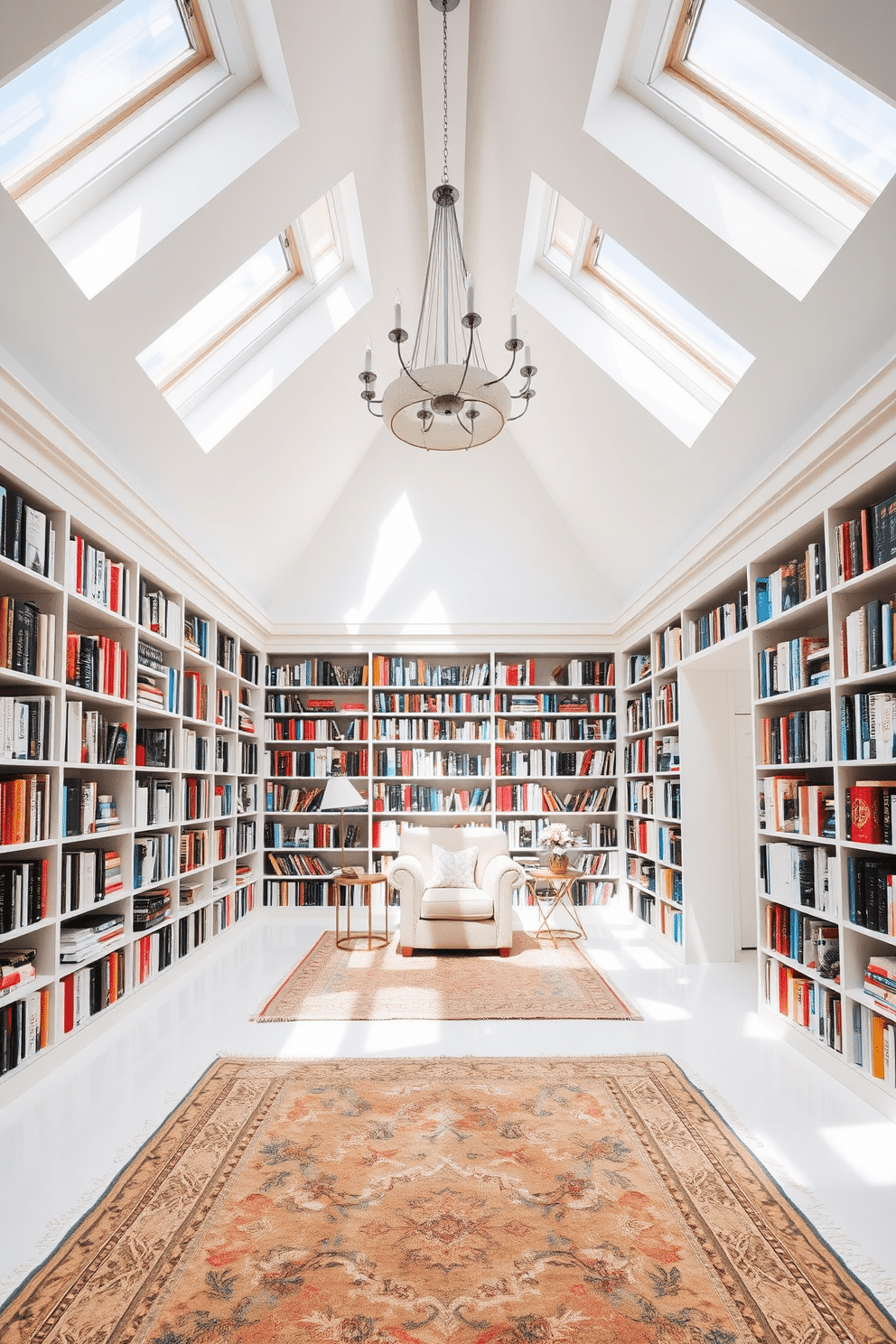 A bright white ceiling with skylights creates an airy and open atmosphere in the home library. The walls are lined with floor-to-ceiling bookshelves filled with an extensive collection of books, while a cozy reading nook with a plush armchair and a small side table invites relaxation. Soft, neutral-toned rugs add warmth to the light space, contrasting beautifully with the white flooring. A modern chandelier hangs elegantly from the ceiling, providing both style and illumination for late-night reading sessions.