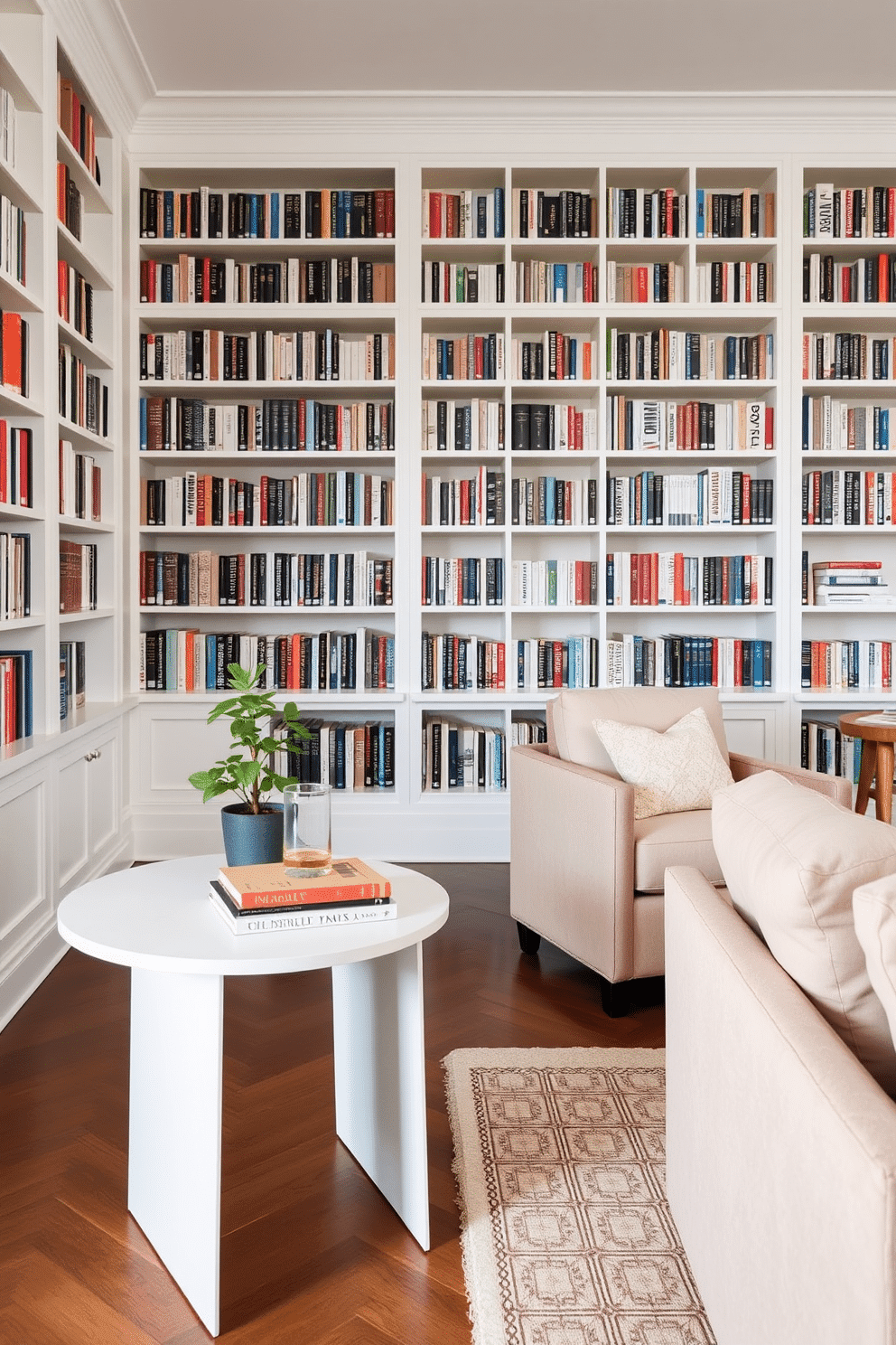 A sleek white side table stands elegantly in the corner, designed for drinks and books. Its minimalist aesthetic complements the surrounding decor, while a small potted plant adds a touch of greenery. The home library features floor-to-ceiling bookshelves painted in a crisp white, creating a bright and inviting atmosphere. A cozy reading nook with plush armchairs and soft lighting invites relaxation, making it the perfect space for book lovers.