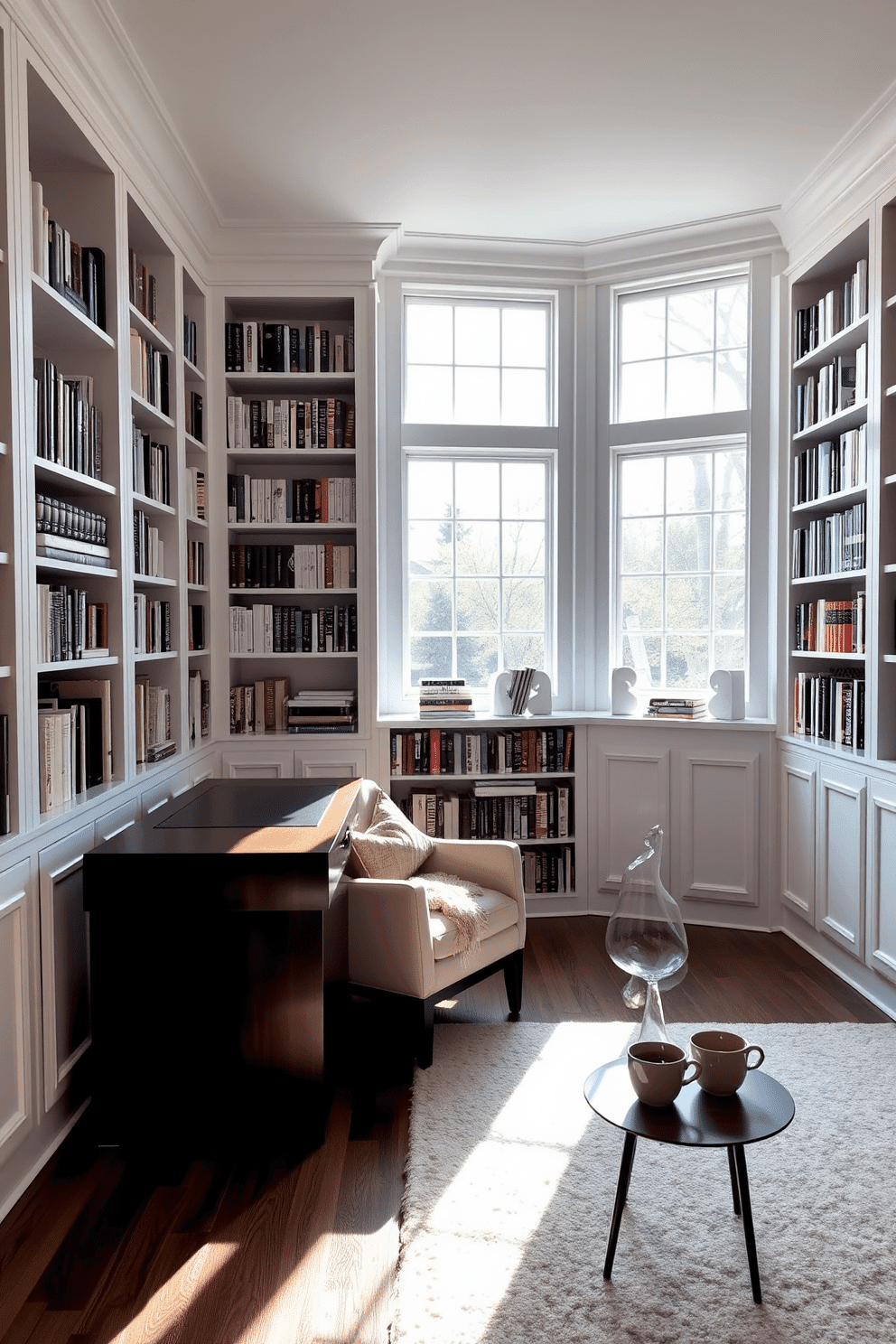 A serene home library featuring decorative white bookends that add a touch of elegance to the space. The walls are lined with built-in shelves filled with an array of books, while a cozy reading nook with a plush armchair and soft throw blanket invites relaxation. Natural light floods the room through large windows, highlighting the minimalist decor and a sleek wooden desk positioned near the entrance. A soft area rug anchors the seating area, and a small side table holds a steaming cup of coffee, creating an inviting atmosphere for reading and contemplation.