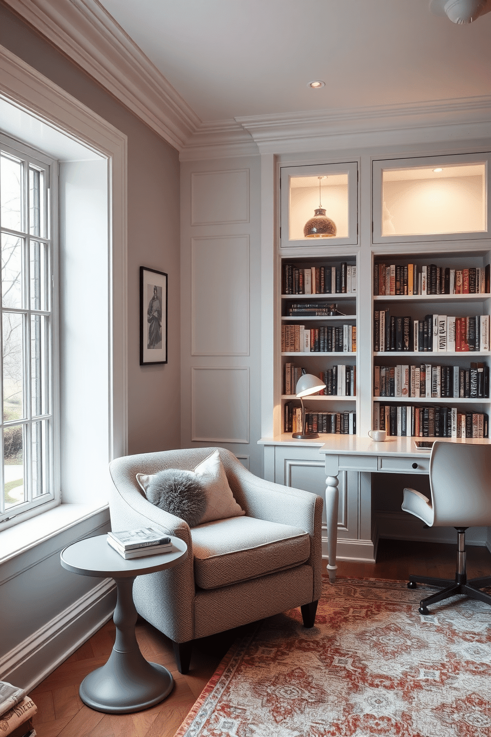 A cozy reading nook by the window features a plush armchair upholstered in soft, textured fabric, positioned next to a large bay window that lets in ample natural light. A small side table holds a stack of books and a steaming cup of tea, while a patterned throw blanket drapes over the armchair for added warmth. The white home library design showcases built-in shelves lined with an extensive collection of books, complemented by a sleek, minimalist desk in a matching white finish. Soft ambient lighting illuminates the space, creating an inviting atmosphere for reading and study, while a large area rug adds comfort underfoot.