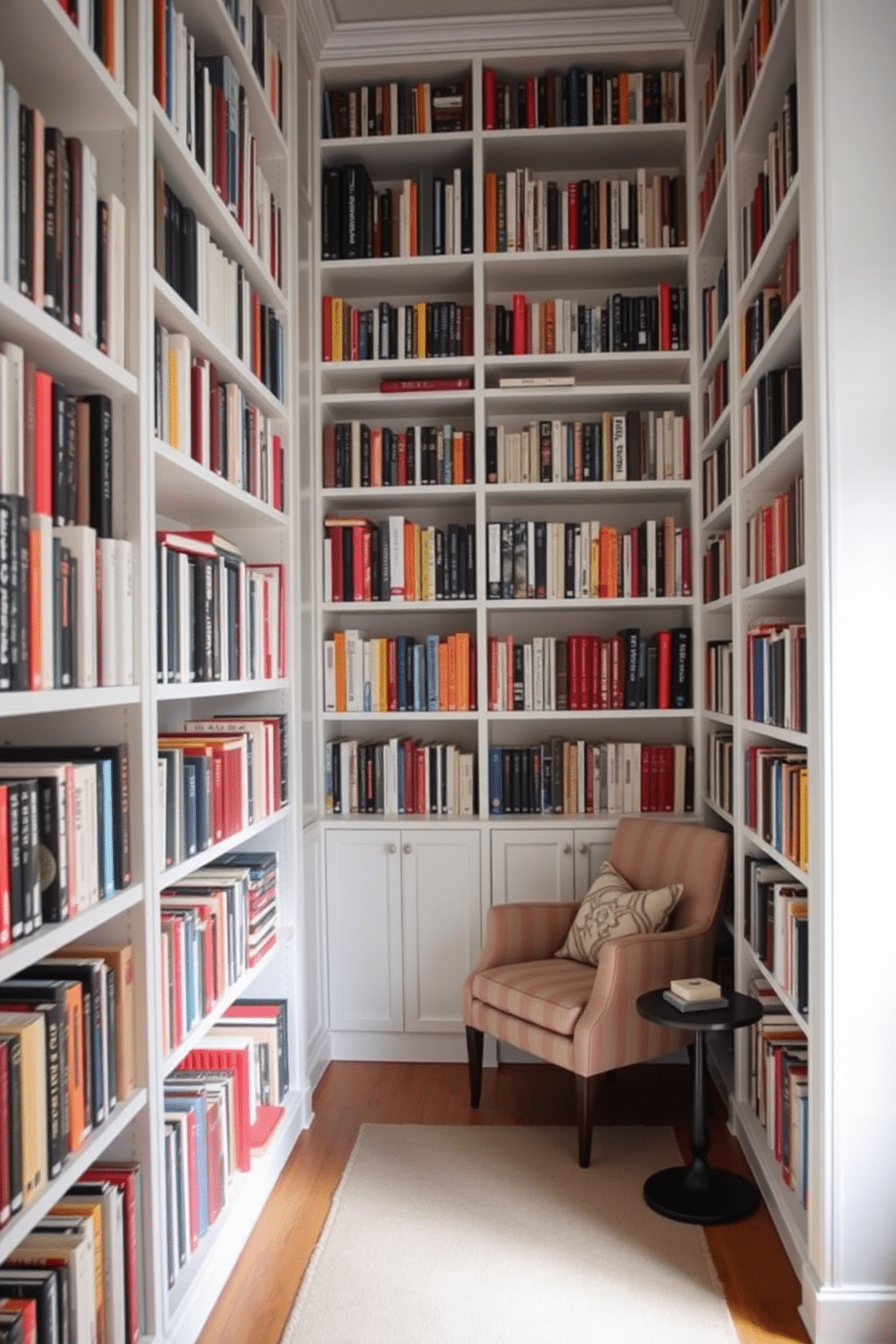 A serene home library featuring floor-to-ceiling white bookshelves filled with an array of books in various sizes and colors. A cozy reading nook is nestled in one corner, adorned with a plush armchair and a small side table, inviting relaxation and contemplation.