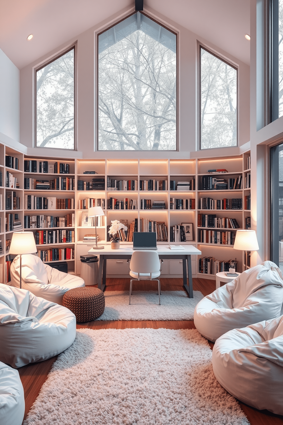 Cozy bean bags in white fabric are scattered around a warm, inviting space, creating a relaxed atmosphere perfect for reading or lounging. Soft, ambient lighting from stylish floor lamps enhances the comfort, while a plush area rug adds a touch of warmth underfoot. The home library features built-in bookshelves lined with an array of books, framed by large windows that allow natural light to flood the room. A sleek, modern desk sits in one corner, complemented by a comfortable reading chair, inviting creativity and tranquility in this serene environment.