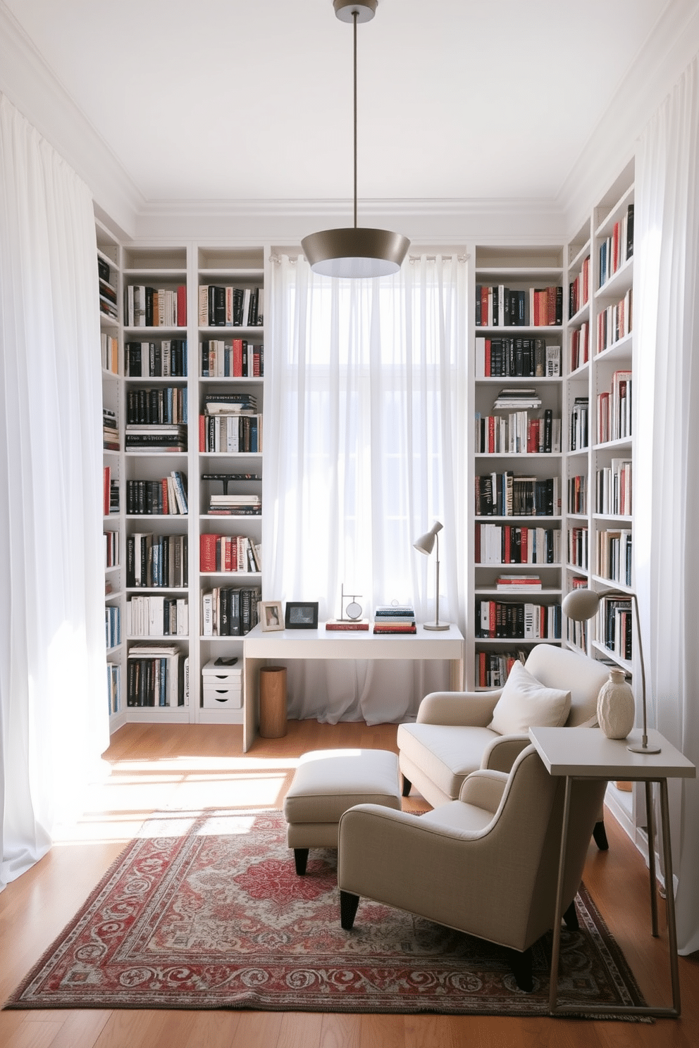 A serene home library featuring white curtains that gently diffuse natural light, creating a warm and inviting atmosphere. The space is adorned with floor-to-ceiling bookshelves filled with an array of books, complemented by a plush reading nook with a comfortable armchair and a small side table. The walls are painted in a soft, neutral tone, enhancing the brightness of the room. A stylish rug anchors the seating area, while a sleek desk in the corner provides a functional workspace, all illuminated by a chic pendant light overhead.