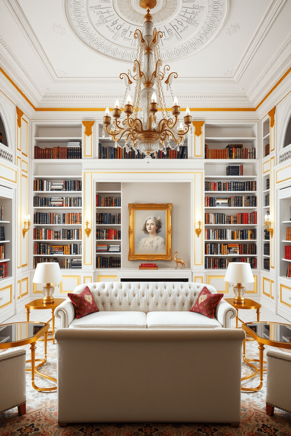 A luxurious home library with white and gold accents. The walls are adorned with elegant white bookshelves filled with classic literature, while gold trim accents highlight the architectural details. A plush white sofa is positioned in the center, complemented by gold side tables on either side. A large, ornate chandelier hangs from the ceiling, casting a warm glow over the space and enhancing the sophisticated atmosphere.