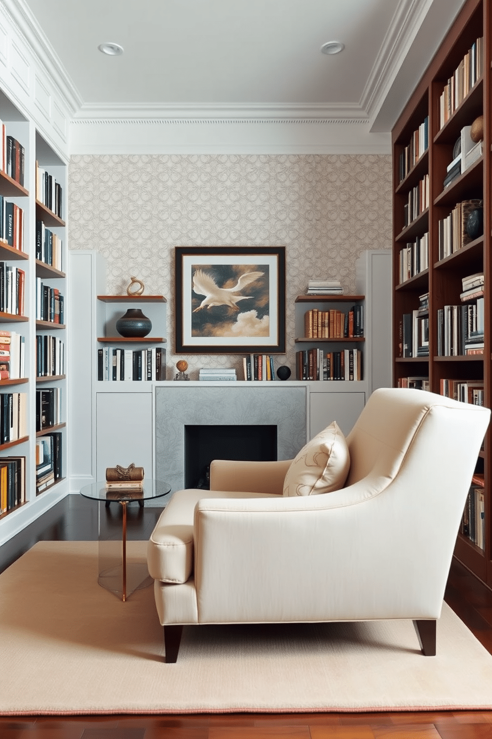 A serene home library featuring a white accent wall adorned with elegant patterned wallpaper that adds depth and character. The space is filled with tall bookshelves made of rich mahogany, showcasing a curated collection of books and decorative items. In the center, a plush, oversized armchair in a soft beige fabric invites relaxation, paired with a sleek glass side table. A warm area rug in muted tones anchors the seating area, while soft, ambient lighting creates a cozy atmosphere perfect for reading.