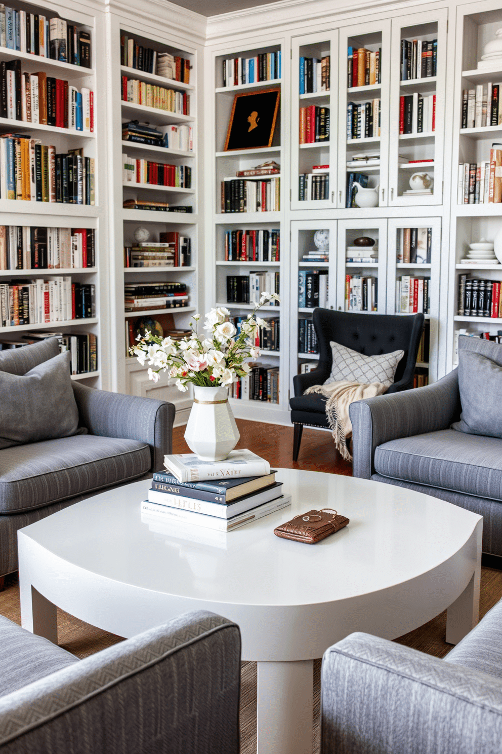 A chic white coffee table sits elegantly in a cozy reading area, surrounded by plush armchairs upholstered in soft gray fabric. On the table, a stack of art books is topped with a delicate ceramic vase holding fresh flowers, creating a serene and inviting atmosphere. The white home library features floor-to-ceiling bookshelves filled with an eclectic mix of literature and decorative objects. A comfortable reading nook is nestled in the corner, complete with a stylish armchair and a warm throw blanket, inviting you to lose yourself in a good book.