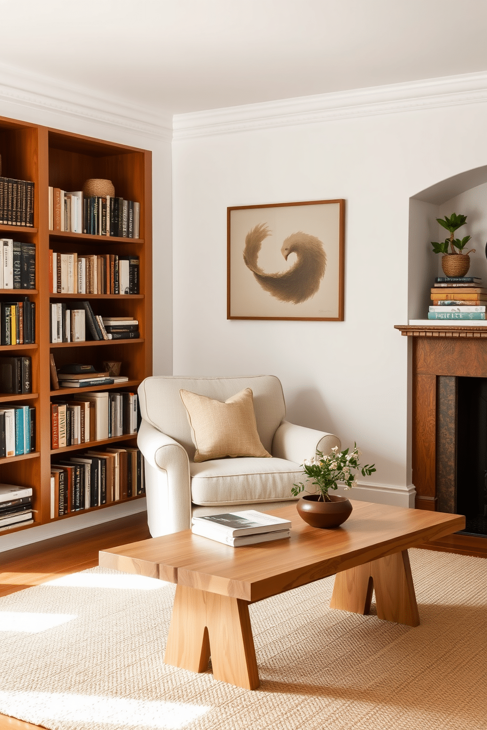 A cozy home library featuring a white and wood combination that exudes warmth. The walls are painted in a soft white, complemented by rich wooden shelves filled with books and decorative items. A large, plush armchair in a neutral fabric sits in the corner, inviting relaxation. A wooden coffee table with a light finish rests on a textured rug, providing a perfect spot for reading and enjoying a warm beverage.