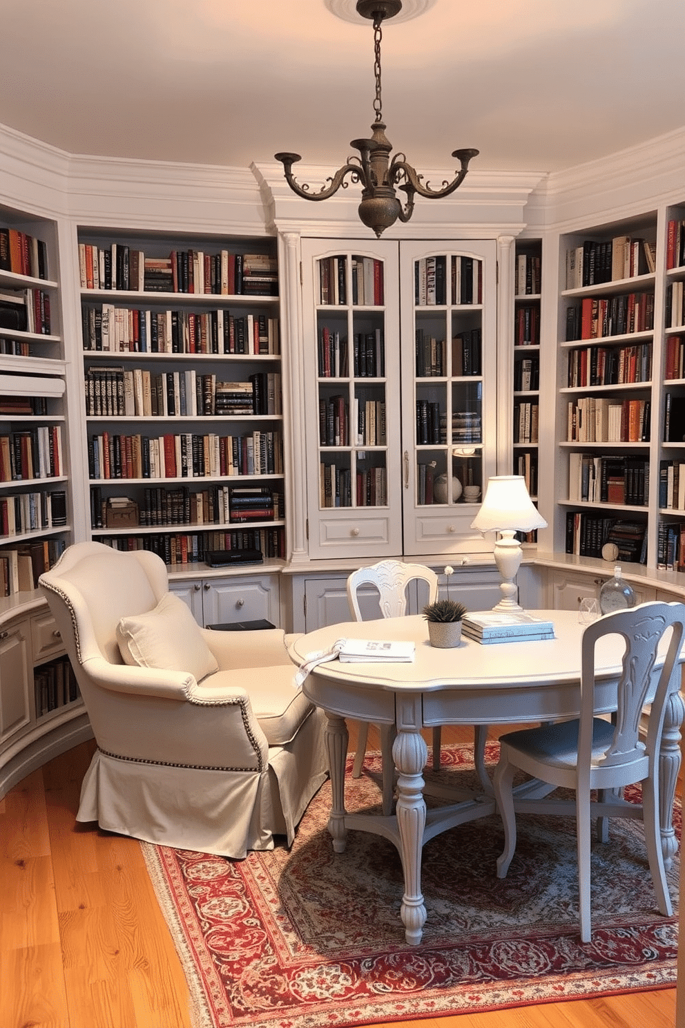 A cozy home library featuring vintage white furniture that adds character and charm. The room is filled with bookshelves lined with an array of books, and a plush armchair invites you to sit and read. Soft, ambient lighting illuminates the space, highlighting the intricate details of the white furniture. A beautiful wooden table, also in white, serves as a workspace, complemented by decorative items and a small potted plant.