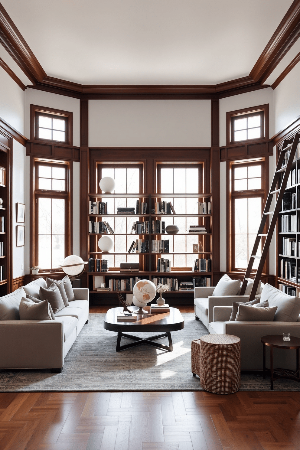 A serene home library design featuring white globe accents placed on a sleek wooden bookshelf. The room is bathed in natural light from large windows, with plush seating arranged around a central coffee table, creating an inviting reading nook. The walls are adorned with soft white paint, complemented by rich wooden trim, while the floor is covered in a cozy area rug. A stylish ladder leans against the shelves, providing access to a curated collection of books and decorative items.