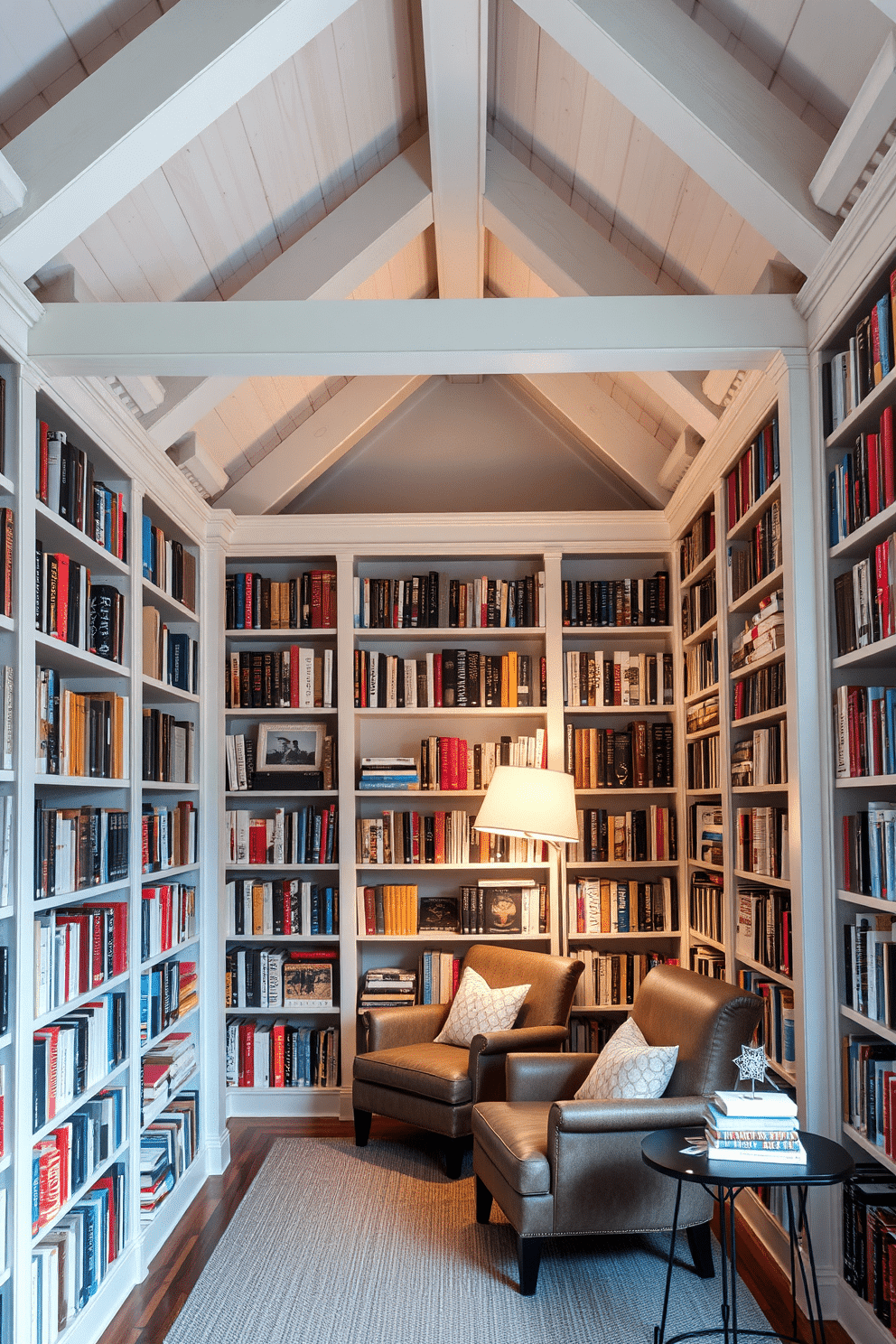 A cozy home library featuring white ceiling beams that add architectural interest. The room is filled with floor-to-ceiling bookshelves, showcasing a blend of classic literature and modern decor. A plush reading nook is nestled in one corner, adorned with a comfortable armchair and a small side table. Soft lighting from a stylish floor lamp creates an inviting atmosphere for reading and relaxation.