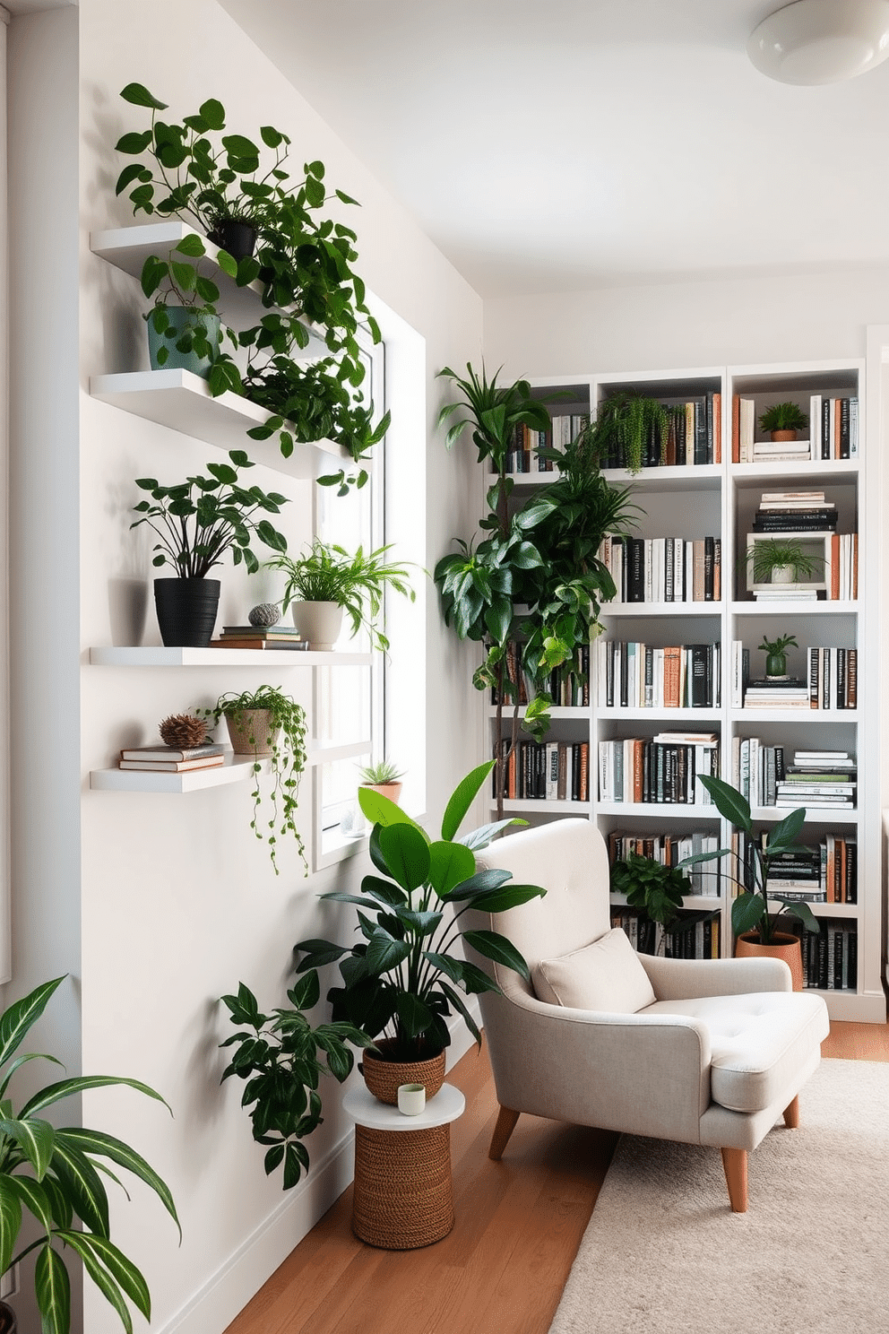 A minimalist white shelving unit spans the wall, adorned with an array of lush green plants in varying sizes, creating a refreshing contrast. Soft natural light filters through a nearby window, enhancing the serene atmosphere of the space. The home library features sleek white walls and a cozy reading nook with a plush armchair and a small side table. Floor-to-ceiling bookshelves are filled with neatly organized books, interspersed with decorative objects and more plants for a touch of life.