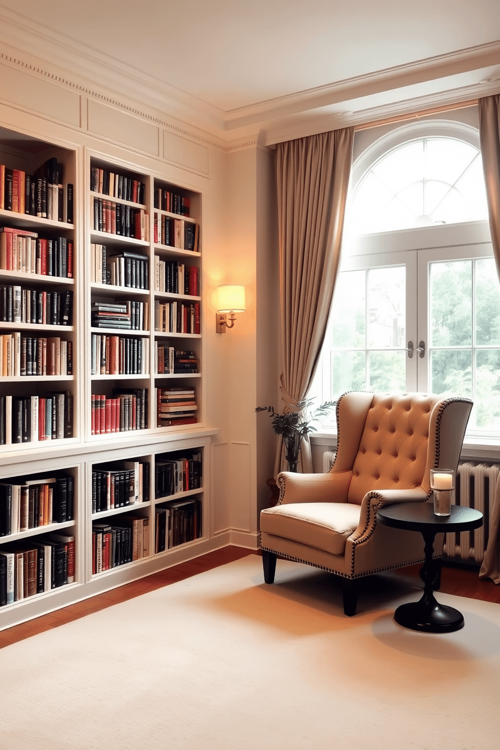 A tranquil home library bathed in soft white lighting creates a serene atmosphere. The shelves are filled with an extensive collection of books, and a plush reading chair sits invitingly in the corner, accompanied by a small side table. The walls are painted in a soft cream hue, enhancing the warmth of the space. A large window allows natural light to filter in, while elegant drapes frame the view, adding a touch of sophistication.