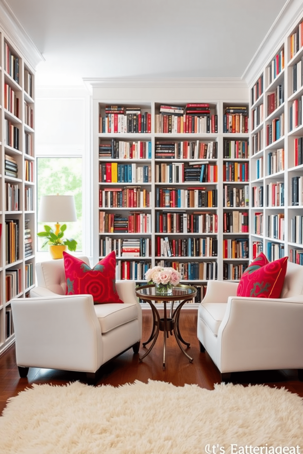 A cozy home library featuring white accent chairs adorned with vibrant, colorful cushions. The walls are lined with floor-to-ceiling bookshelves filled with a diverse collection of books, and a plush area rug anchors the seating area.