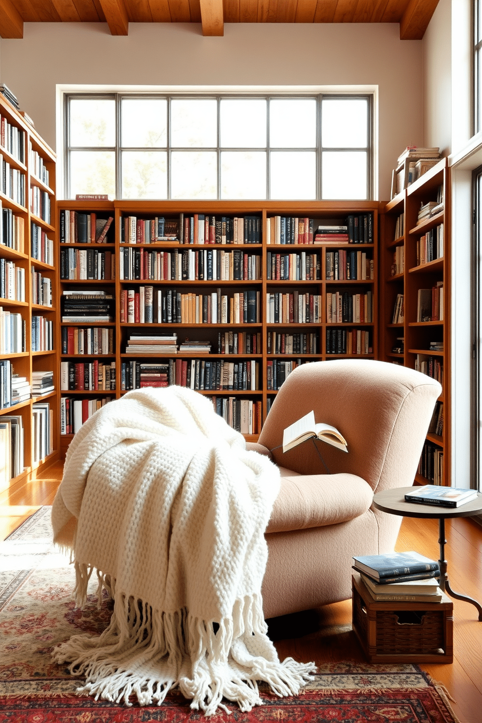 A cozy home library featuring soft white throw blankets draped over a plush armchair, inviting you to curl up with a good book. The room is adorned with floor-to-ceiling bookshelves filled with an eclectic mix of books, while a large window allows natural light to flood the space, creating a warm and inviting atmosphere.