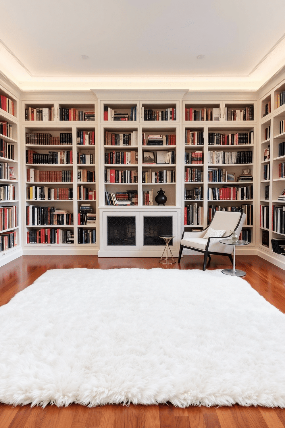 A large white area rug sprawls across the polished hardwood floor, offering a plush surface that invites relaxation. Surrounding the rug, elegant bookshelves filled with an extensive collection of books create a cozy and intellectual atmosphere. The walls are adorned with soft, neutral tones, enhancing the serene ambiance of the space. A comfortable reading chair, paired with a sleek side table, provides the perfect nook for leisurely reading sessions.