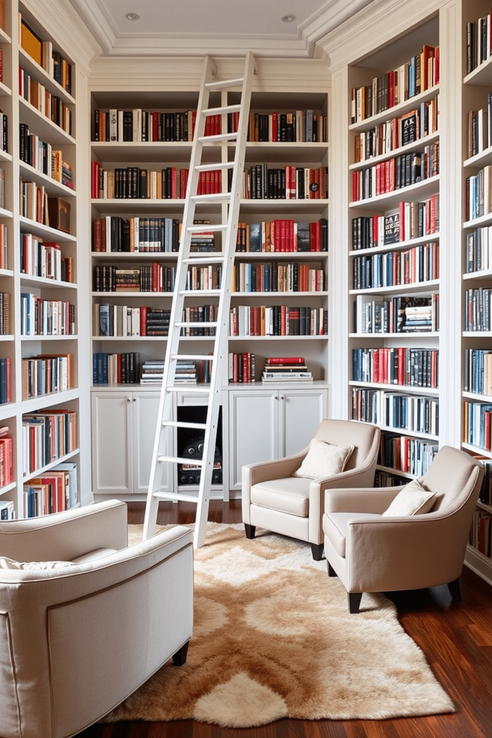 A stylish home library featuring a white ladder for reaching high shelves. The room is adorned with floor-to-ceiling bookshelves filled with books, accented by a cozy reading nook with plush armchairs and a warm, inviting rug.