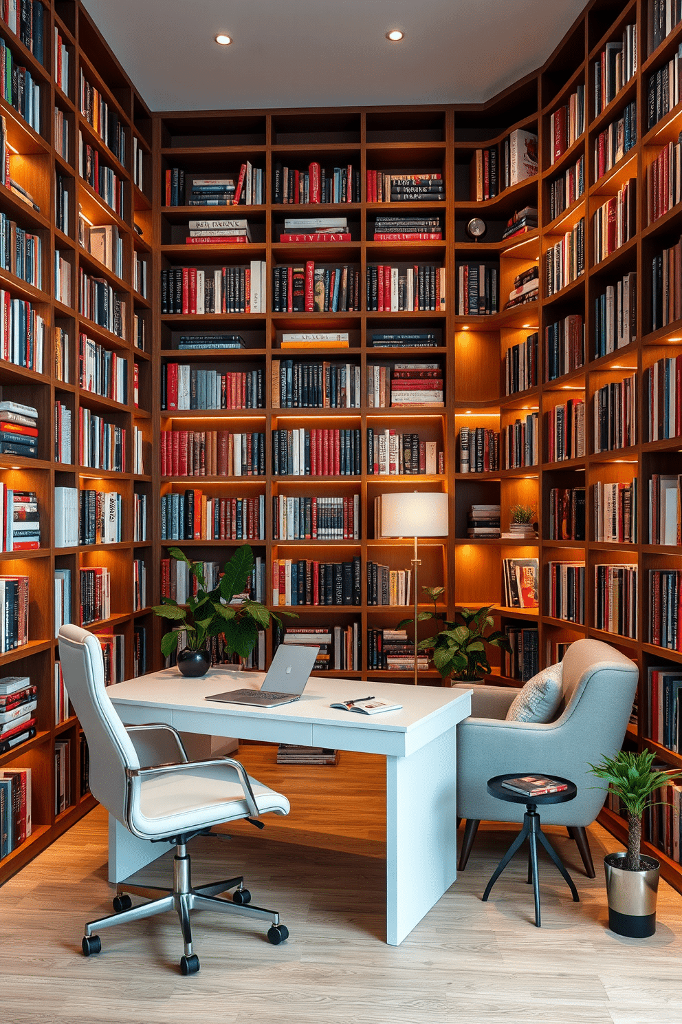 A sleek white desk is positioned against a backdrop of floor-to-ceiling bookshelves filled with an array of colorful books. A stylish office chair with a modern design complements the desk, featuring soft upholstery and ergonomic support. The home library is illuminated by warm, ambient lighting that highlights the rich textures of the wooden shelves. A cozy reading nook with a plush armchair and a small side table invites relaxation, surrounded by carefully curated decor and potted plants.