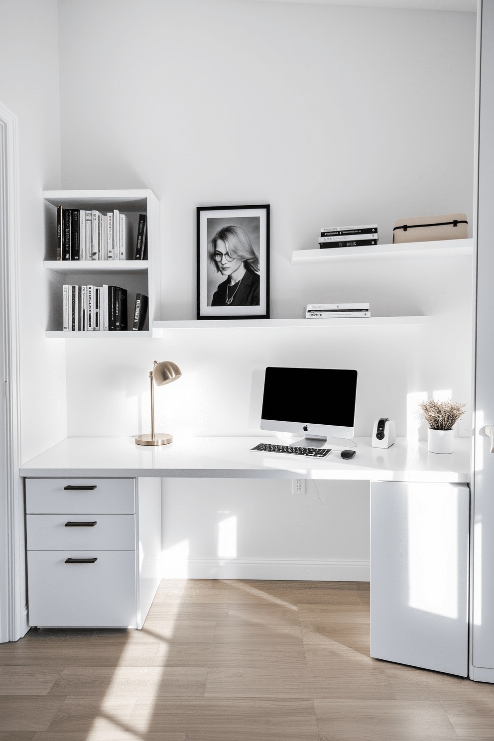 A minimalist desk with sleek storage solutions sits in the center of a bright white home office. The desk features clean lines and a glossy finish, complemented by wall-mounted shelves that keep the space organized and clutter-free.