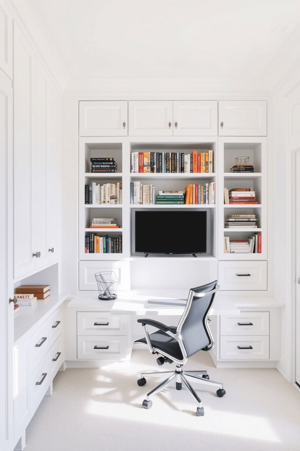 A bright and airy home office features built-in cabinets that provide ample storage for books and office supplies, keeping the workspace organized and clutter-free. The walls are painted a crisp white, complemented by a sleek desk with a minimalist design, and a comfortable ergonomic chair invites productivity.